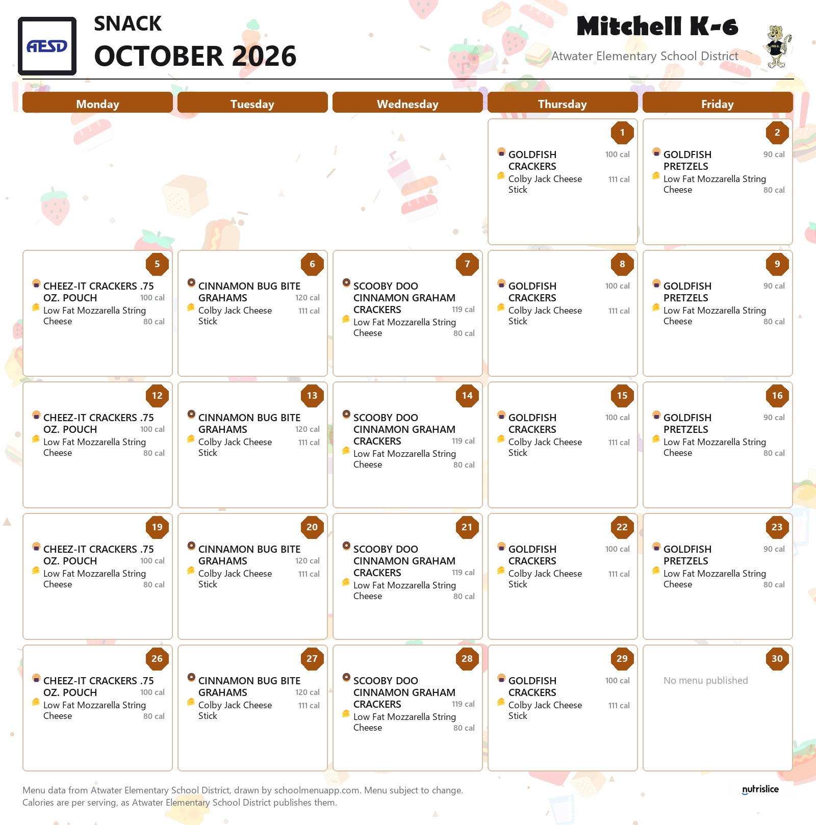 Mitchell K-6 snack menu for October 2026, Atwater Elementary School District