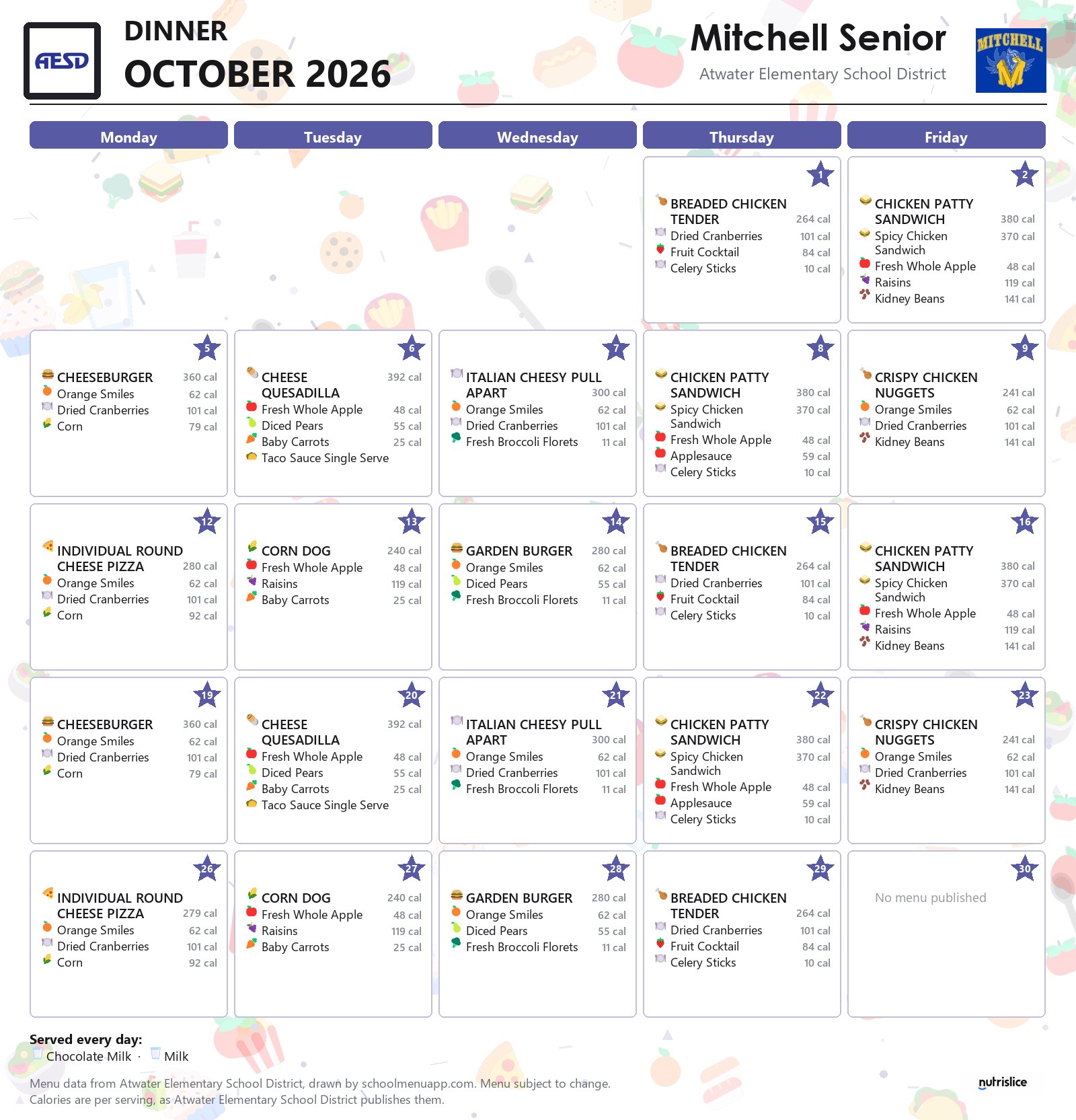 Mitchell Senior dinner menu for October 2026, Atwater Elementary School District