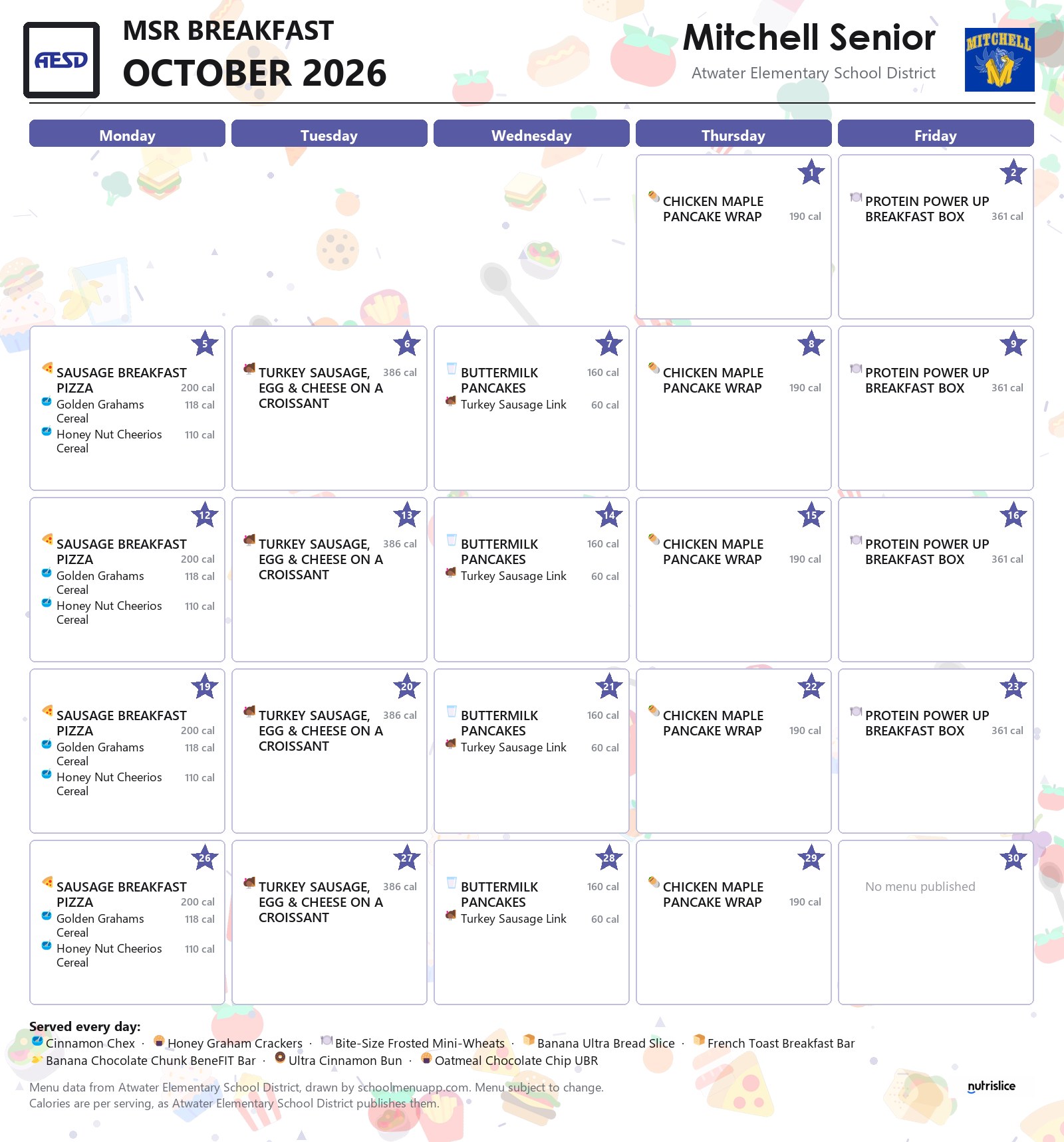 Mitchell Senior msr breakfast menu for October 2026, Atwater Elementary School District