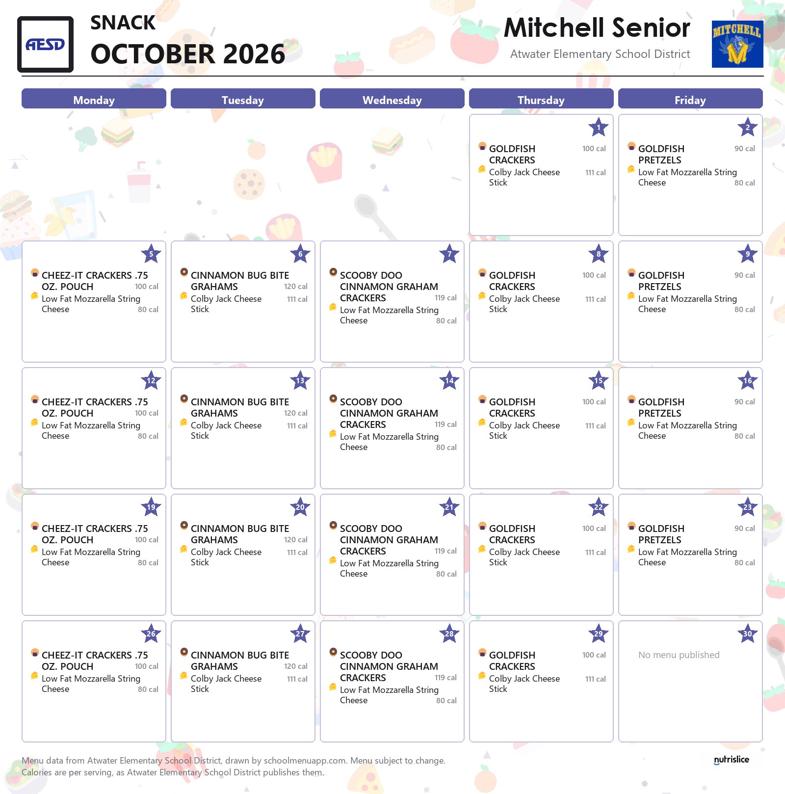 Mitchell Senior snack menu for October 2026, Atwater Elementary School District