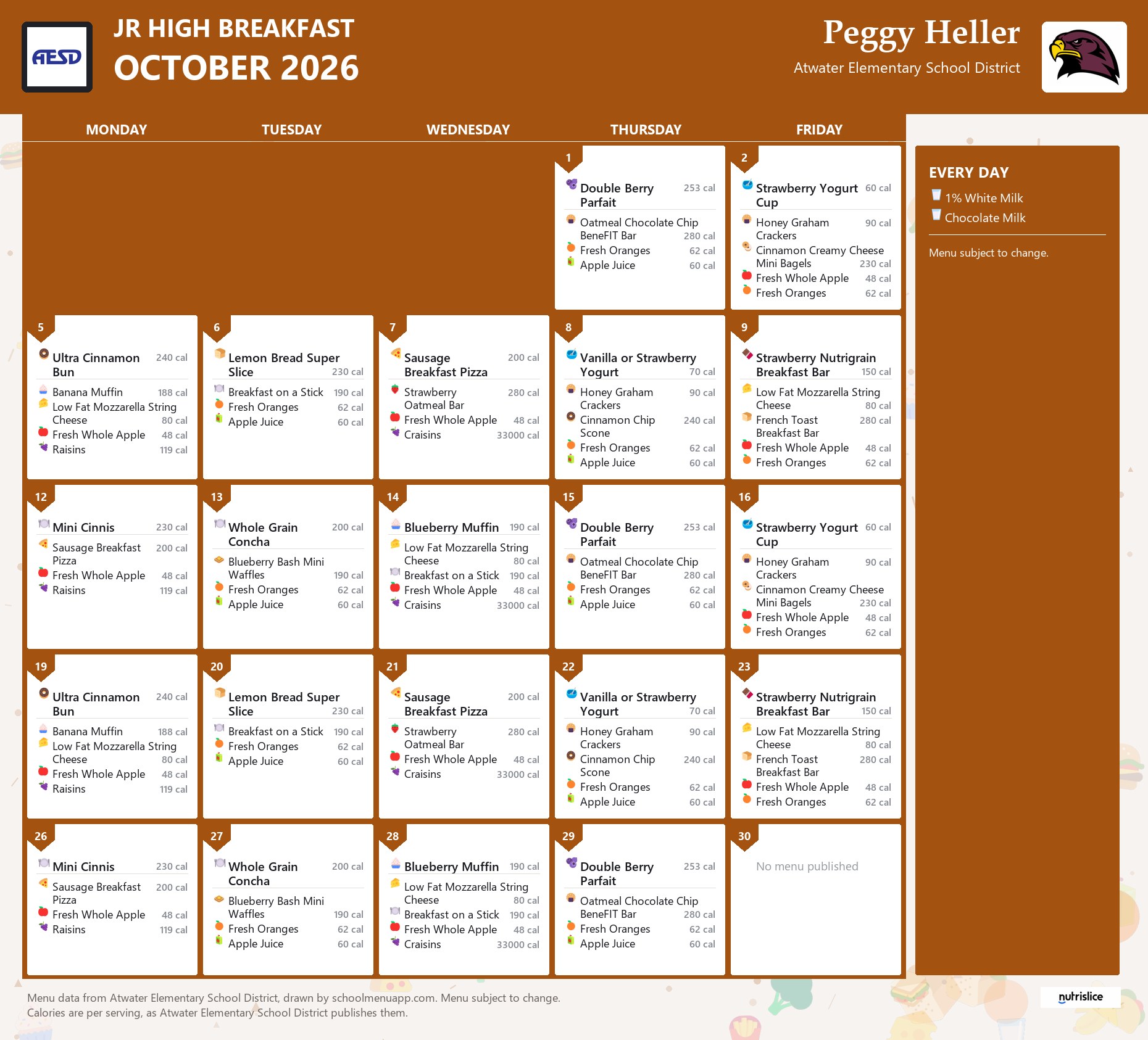 Peggy Heller jr high breakfast menu for October 2026, Atwater Elementary School District