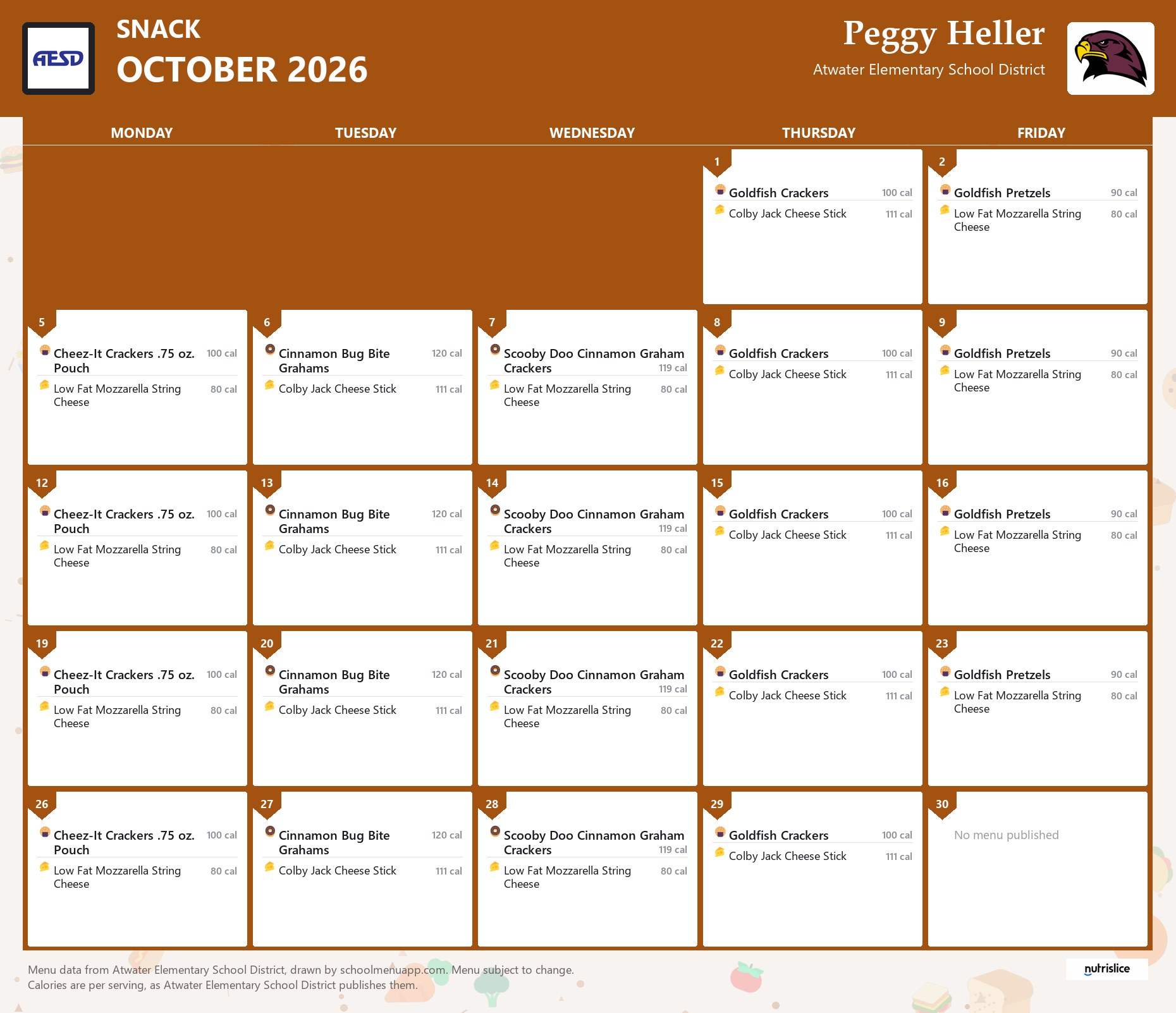 Peggy Heller snack menu for October 2026, Atwater Elementary School District