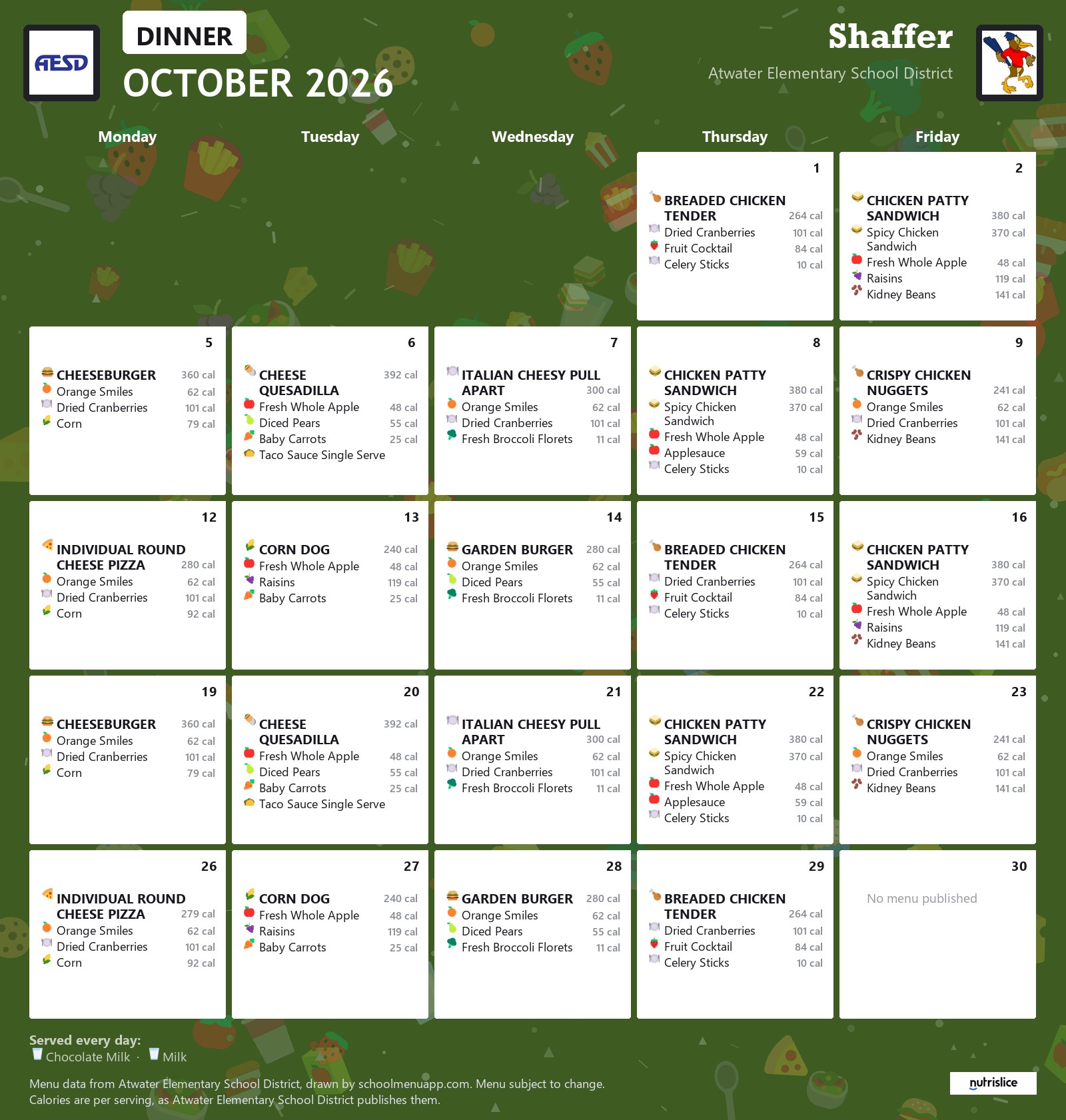 Shaffer dinner menu for October 2026, Atwater Elementary School District