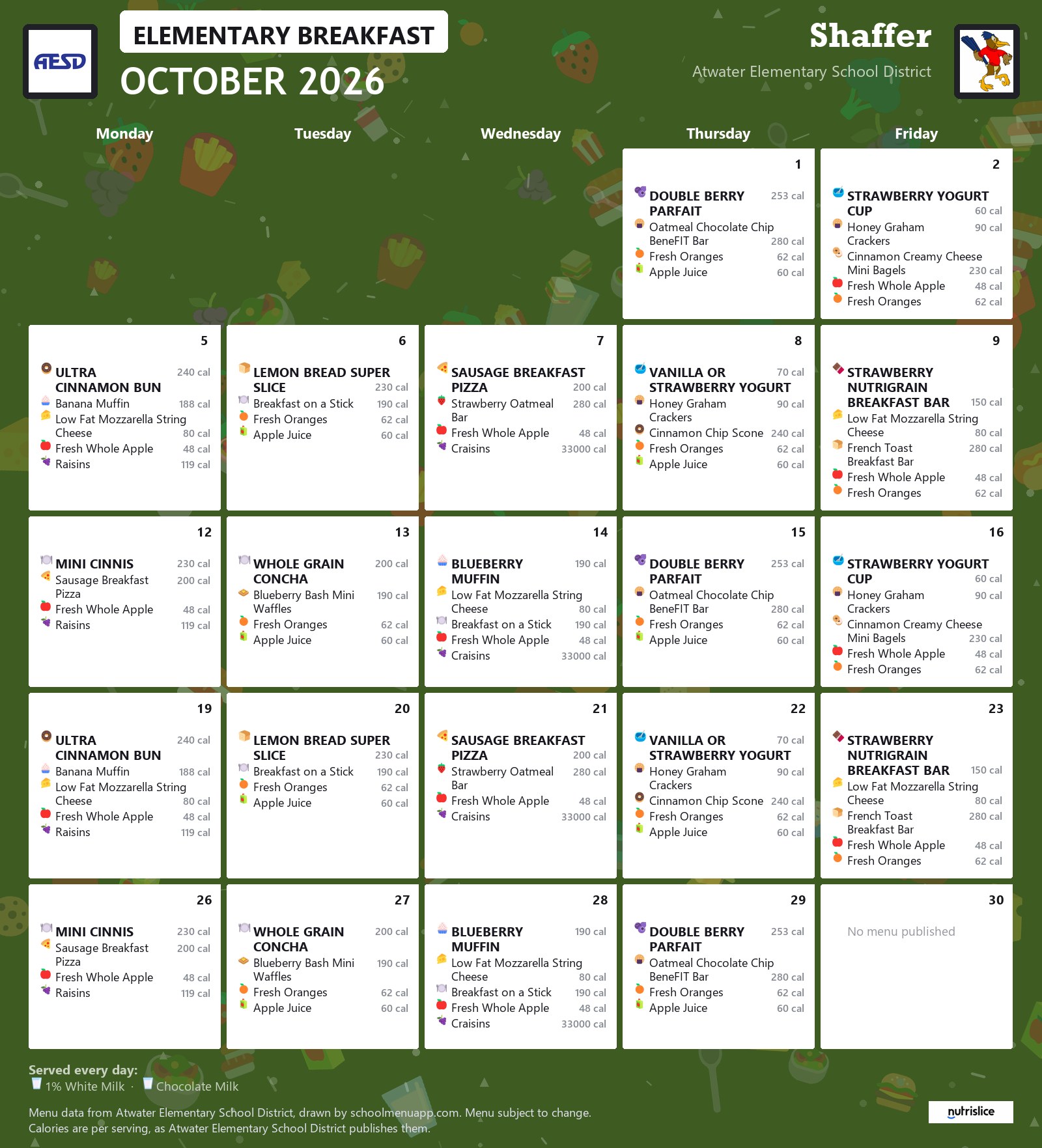 Shaffer elementary breakfast menu for October 2026, Atwater Elementary School District