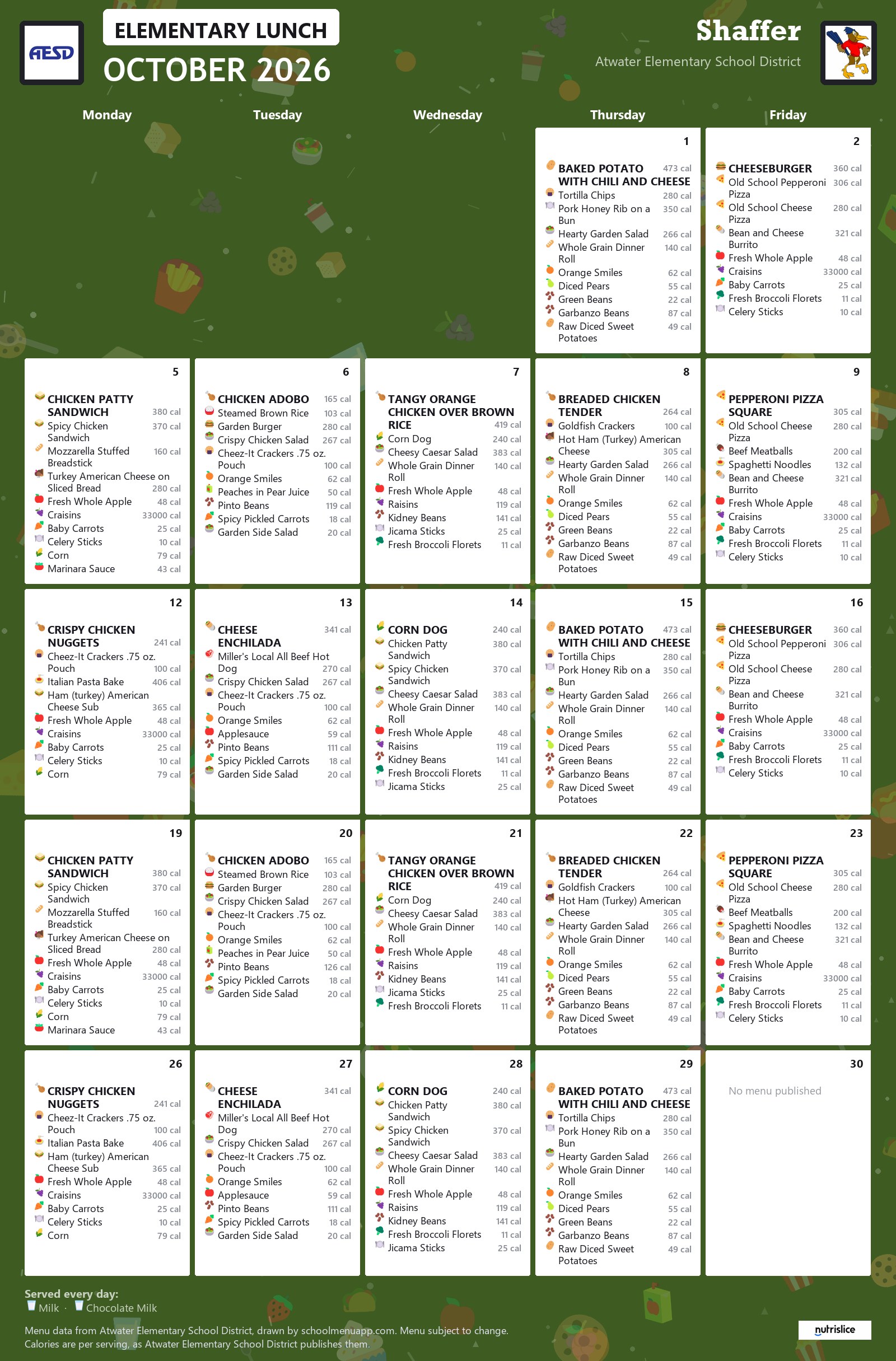 Shaffer elementary lunch menu for October 2026, Atwater Elementary School District
