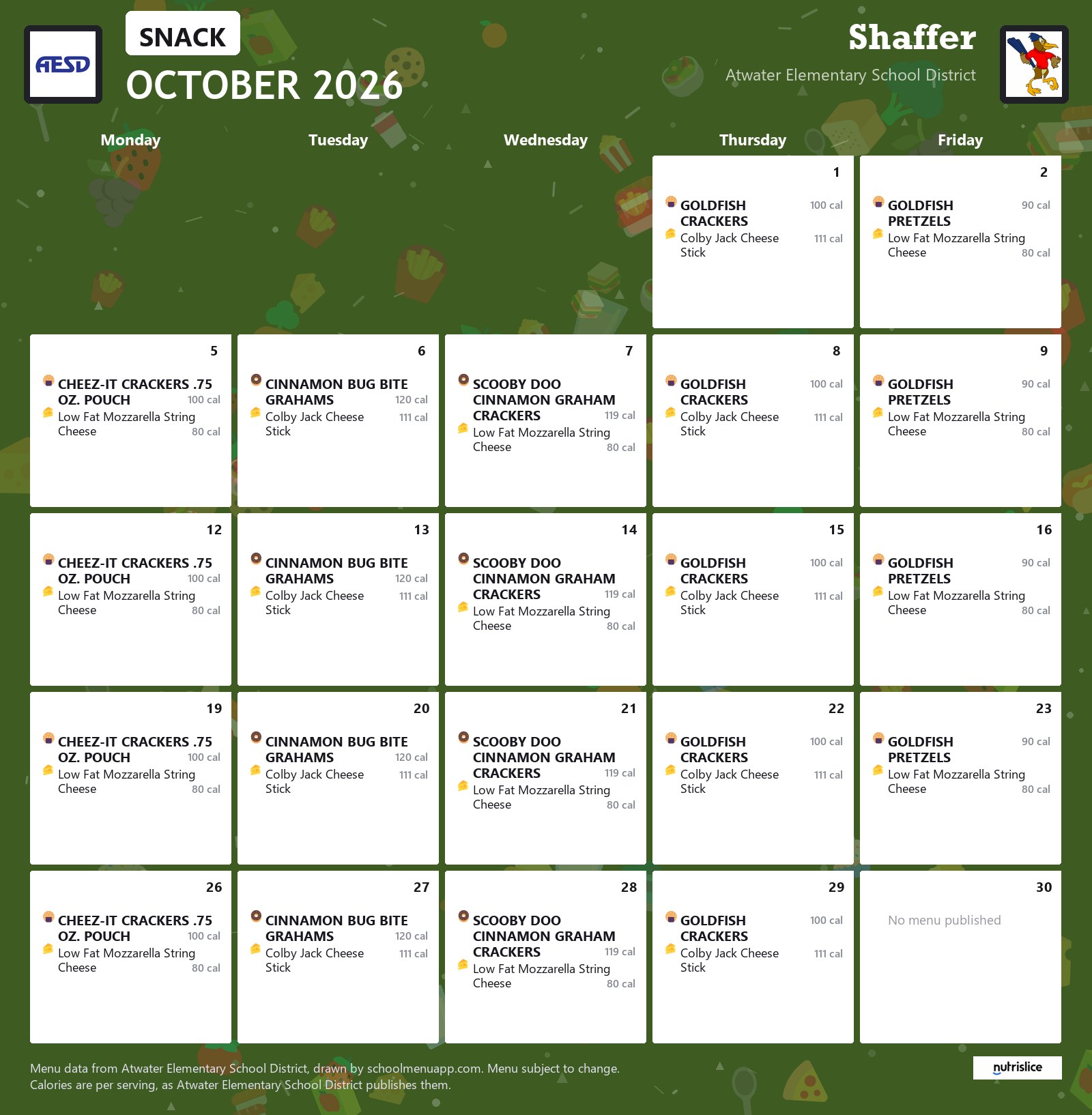 Shaffer snack menu for October 2026, Atwater Elementary School District