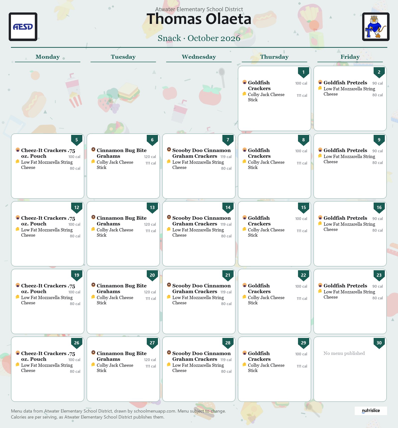 Thomas Olaeta snack menu for October 2026, Atwater Elementary School District