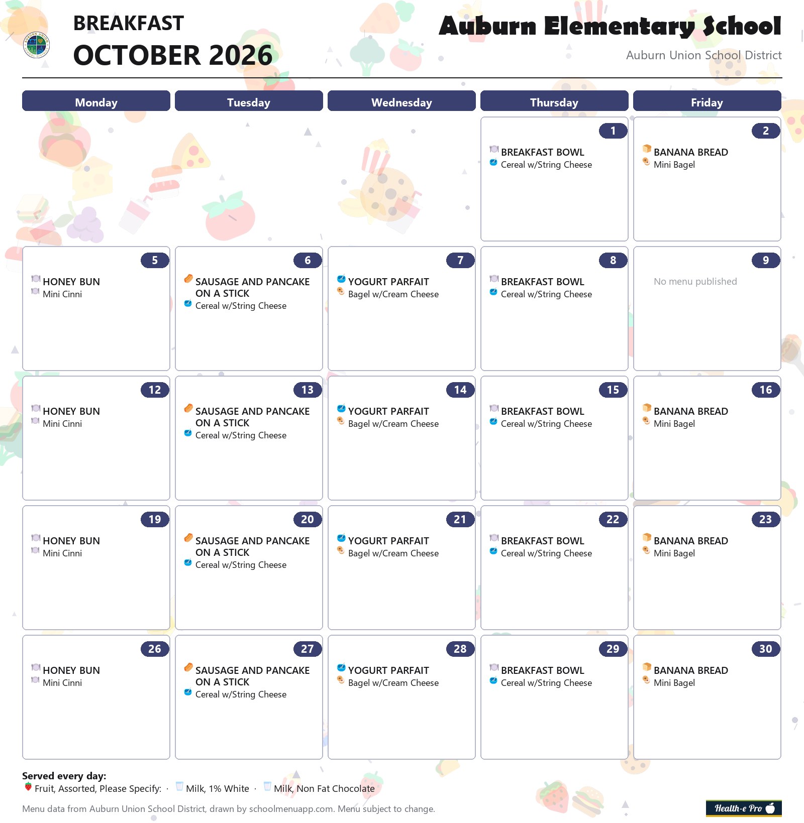Auburn Elementary School breakfast menu for October 2026, Auburn Union School District