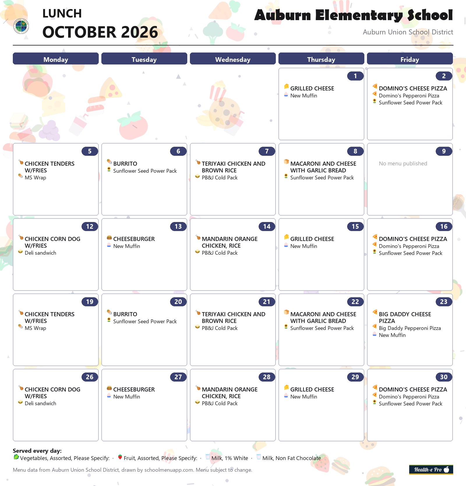Auburn Elementary School lunch menu for October 2026, Auburn Union School District