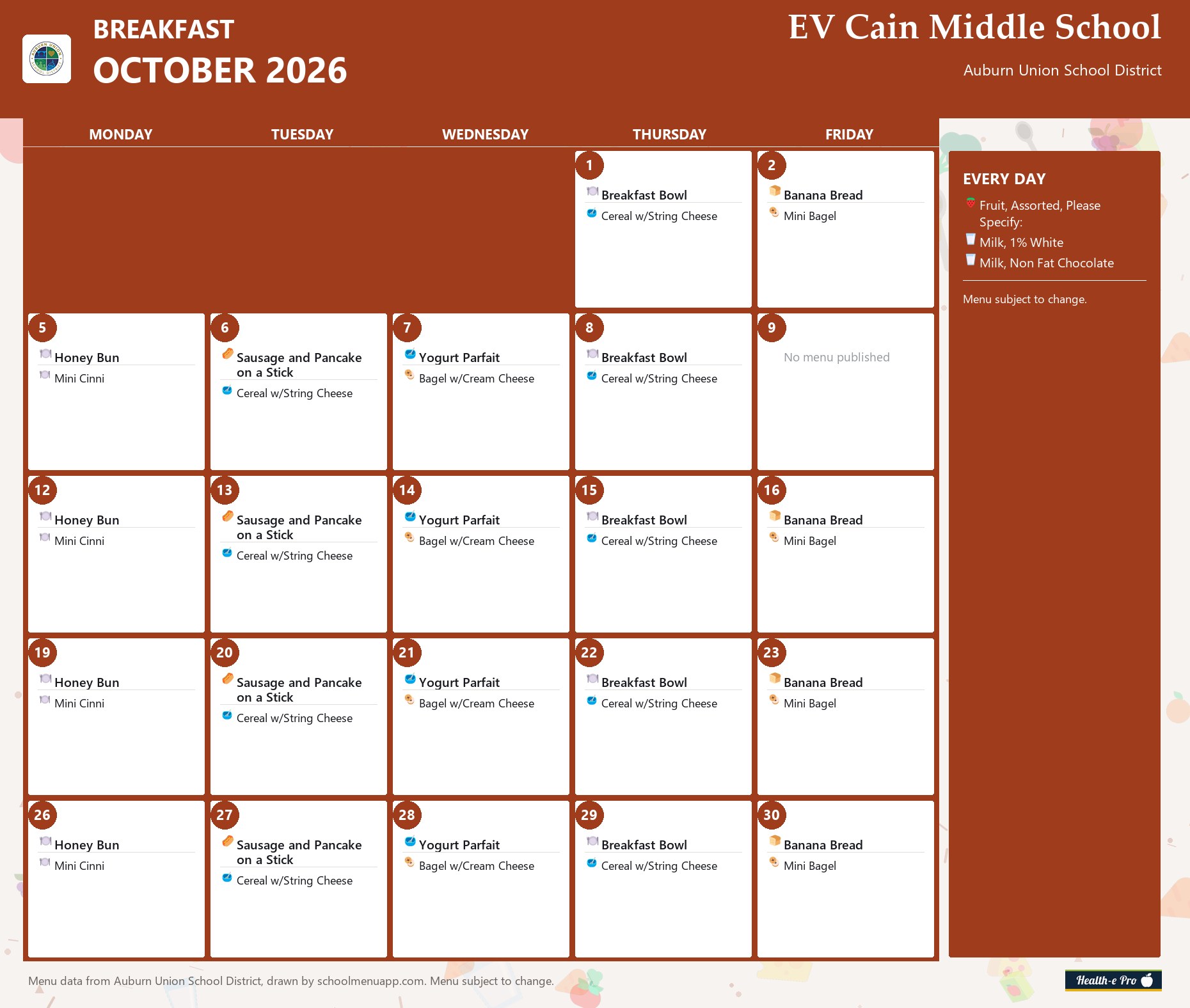 EV Cain Middle School breakfast menu for October 2026, Auburn Union School District