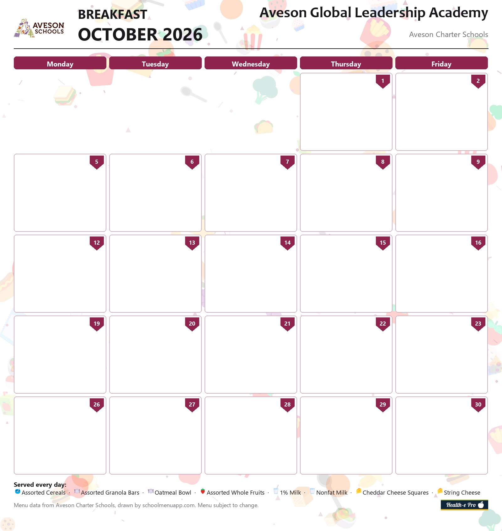 Aveson Global Leadership Academy breakfast menu for October 2026, Aveson Charter Schools