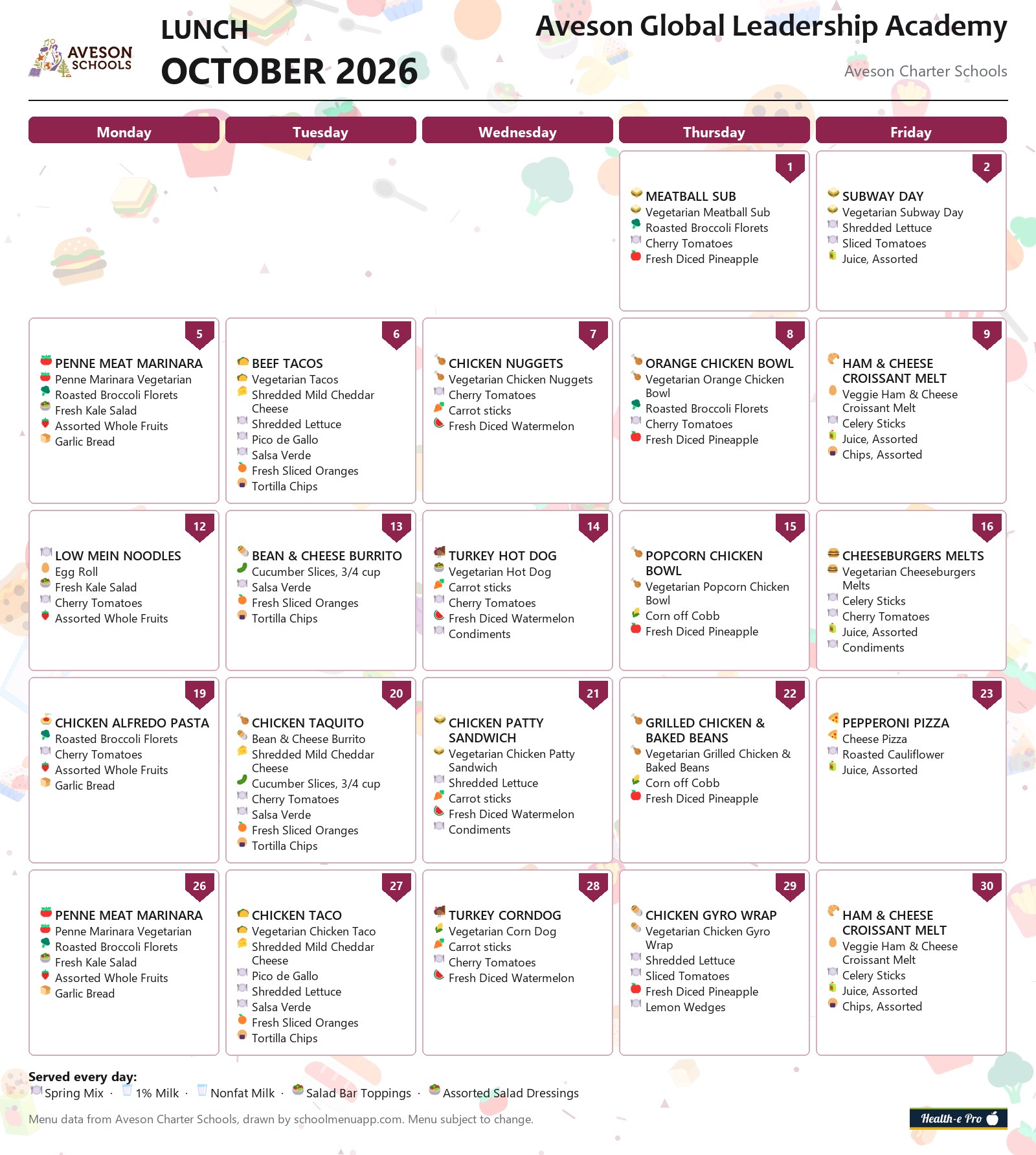 Aveson Global Leadership Academy lunch menu for October 2026, Aveson Charter Schools