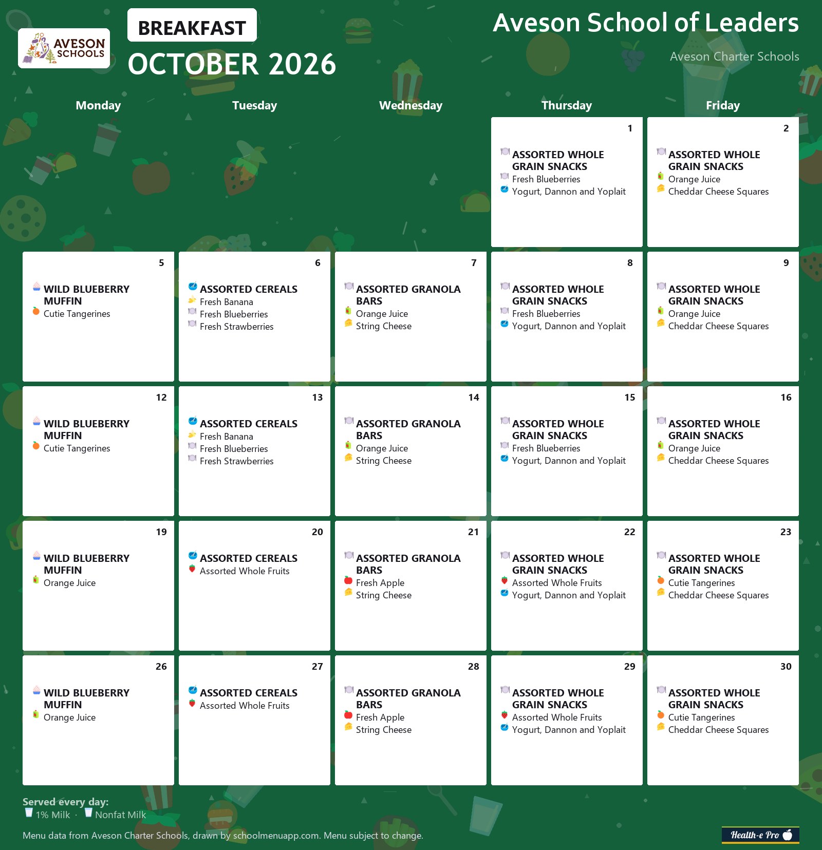 Aveson School of Leaders breakfast menu for October 2026, Aveson Charter Schools