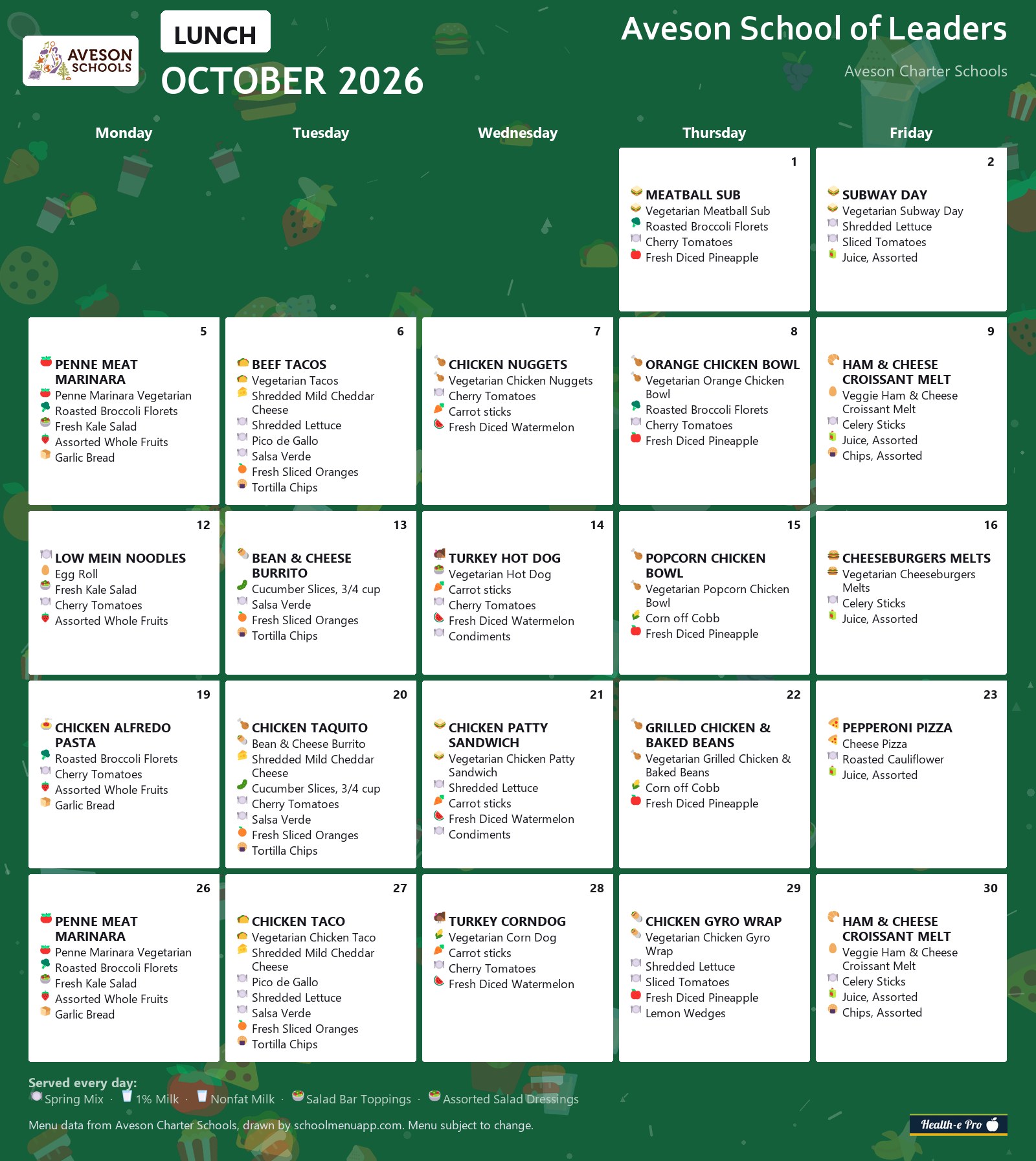Aveson School of Leaders lunch menu for October 2026, Aveson Charter Schools