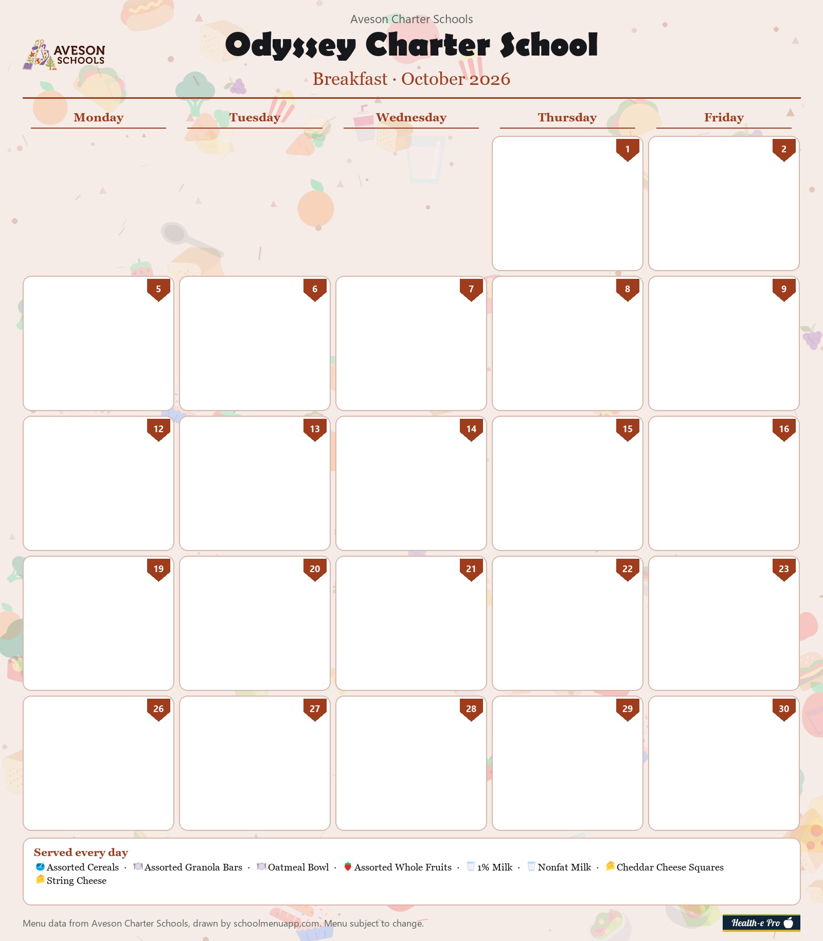 Odyssey Charter School breakfast menu for October 2026, Aveson Charter Schools