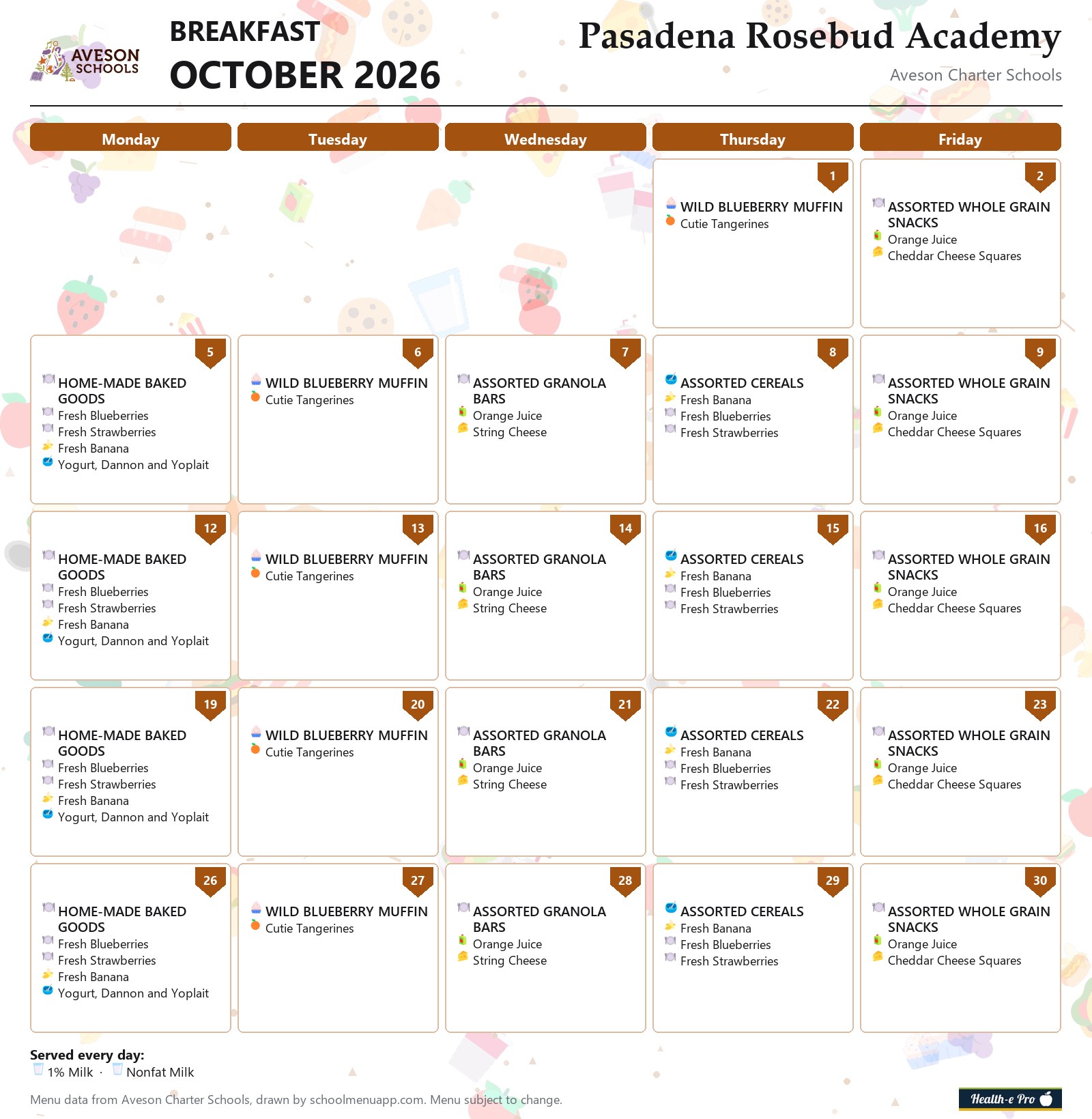 Pasadena Rosebud Academy breakfast menu for October 2026, Aveson Charter Schools
