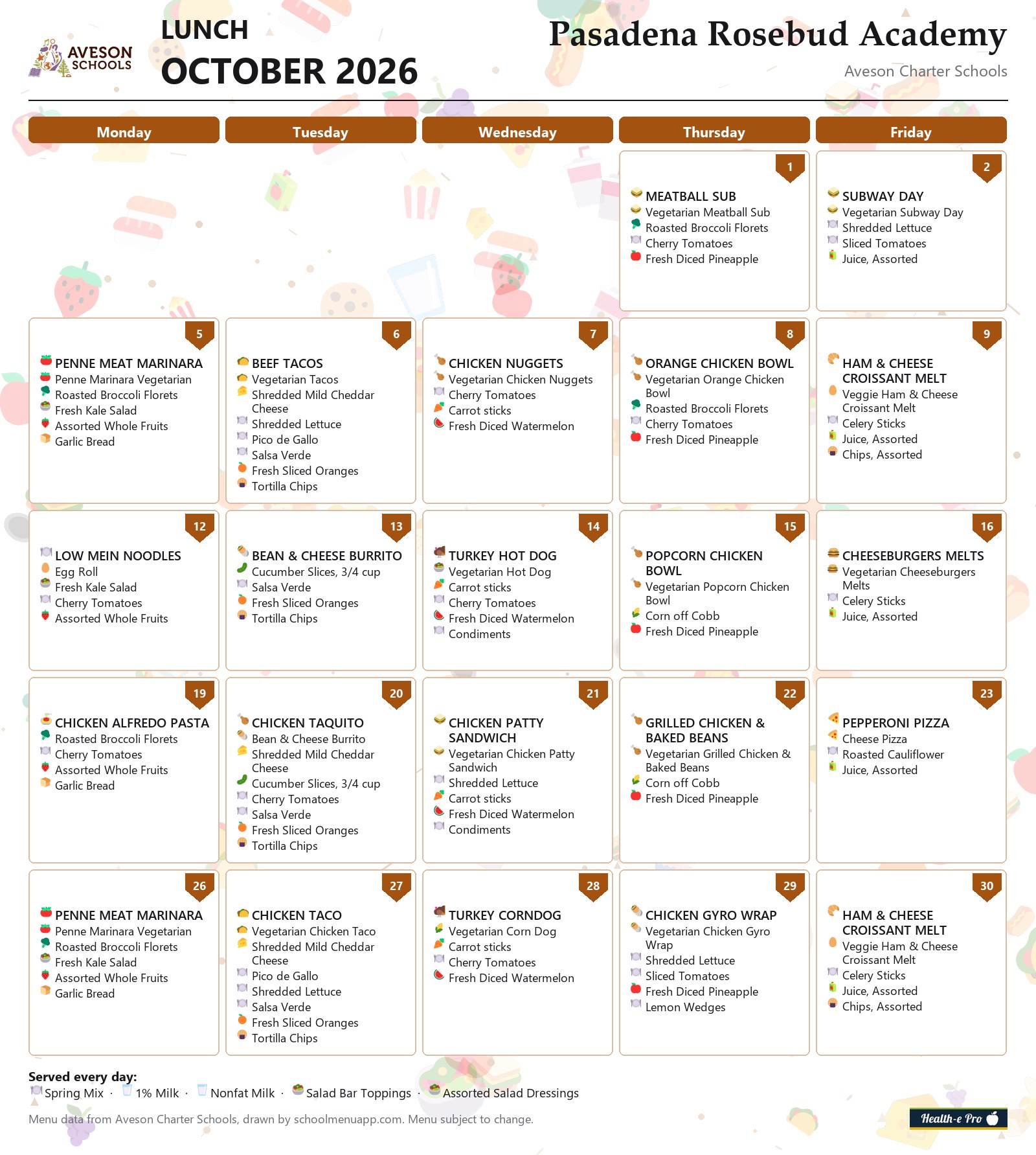 Pasadena Rosebud Academy lunch menu for October 2026, Aveson Charter Schools