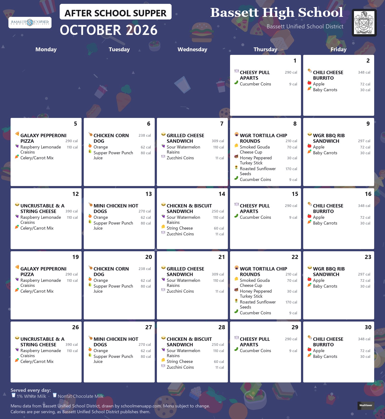 Bassett High School after school supper menu for October 2026, Bassett USD