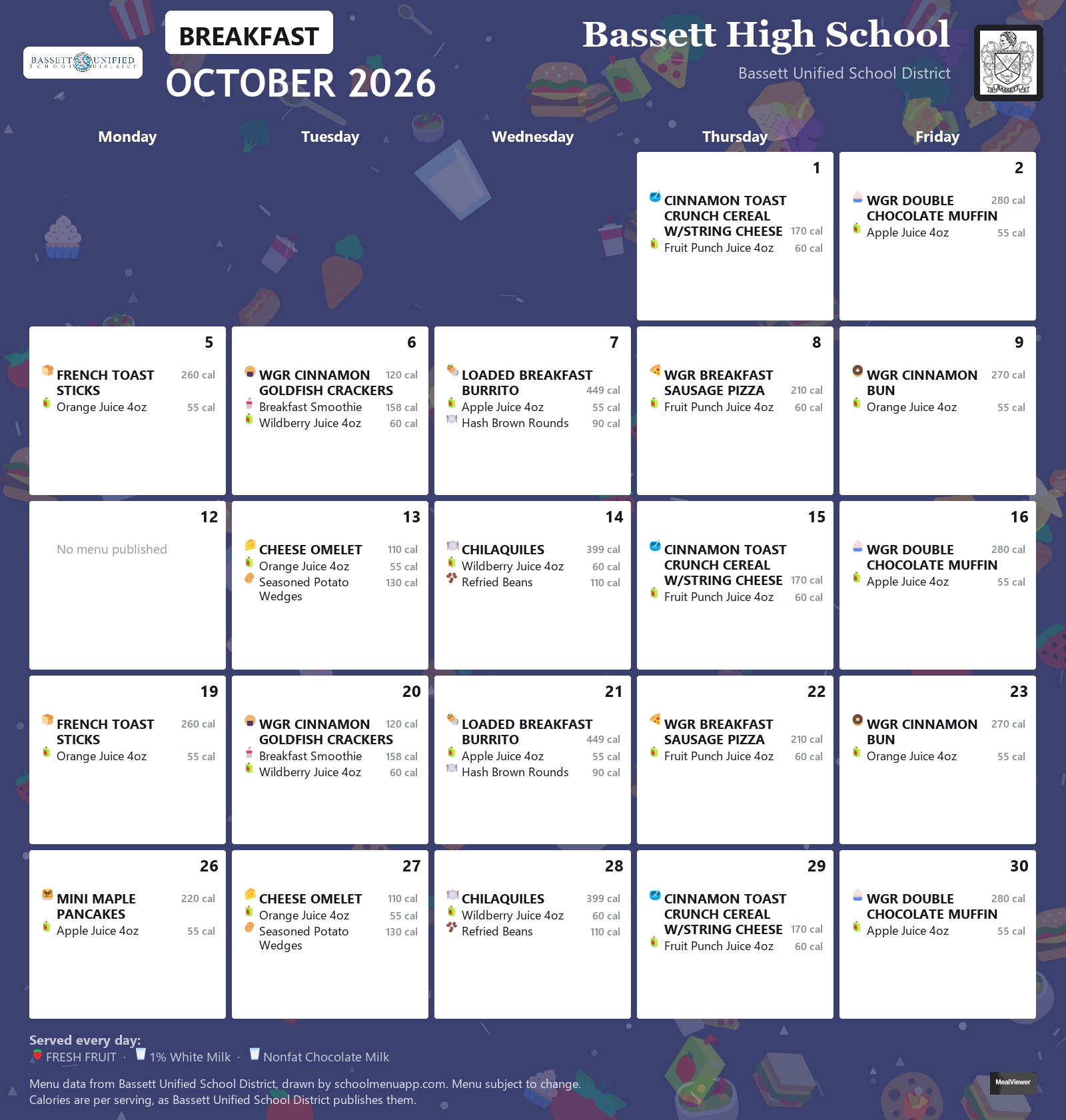 Bassett High School breakfast menu for October 2026, Bassett USD