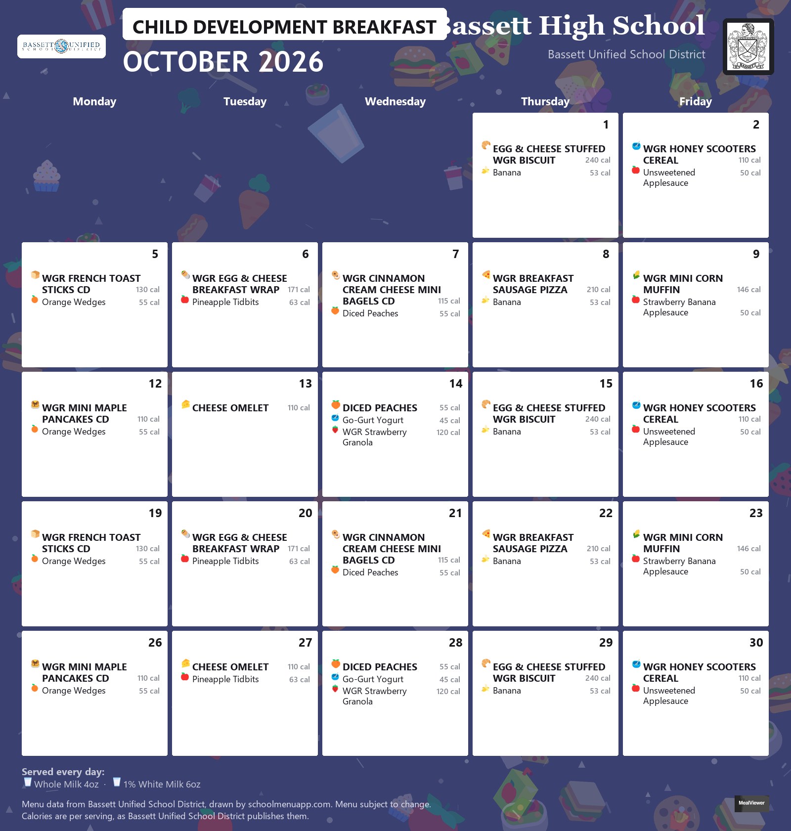 Bassett High School child development breakfast menu for October 2026, Bassett USD