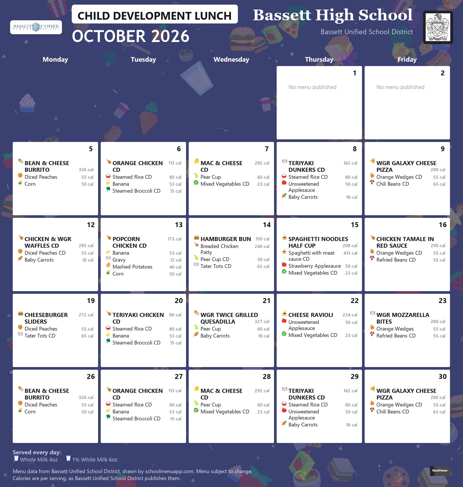 Bassett High School child development lunch menu for October 2026, Bassett USD