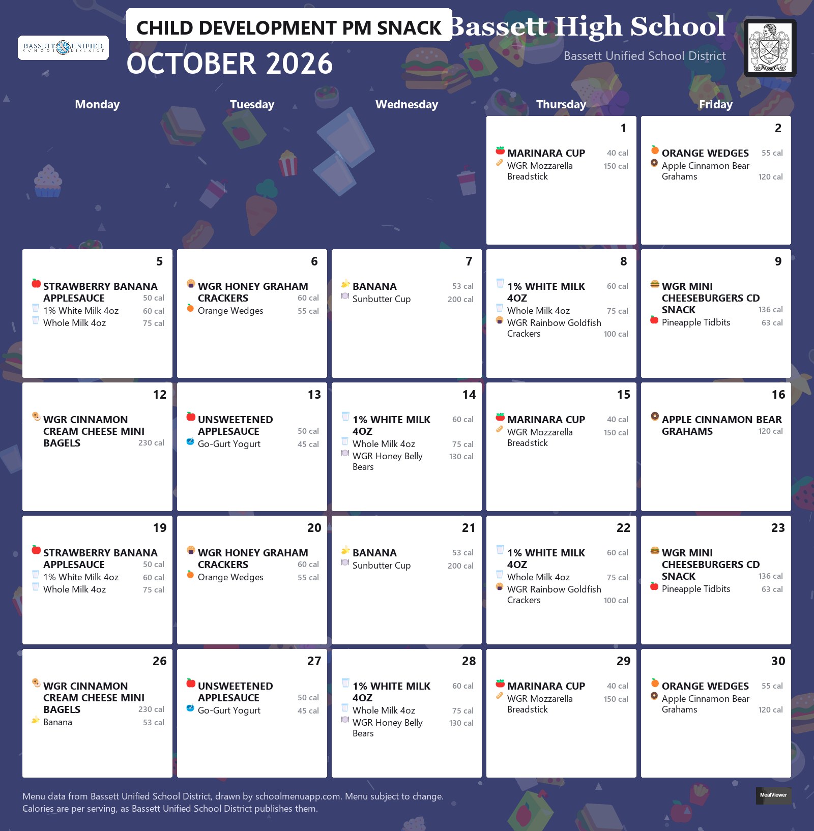 Bassett High School child development pm snack menu for October 2026, Bassett USD