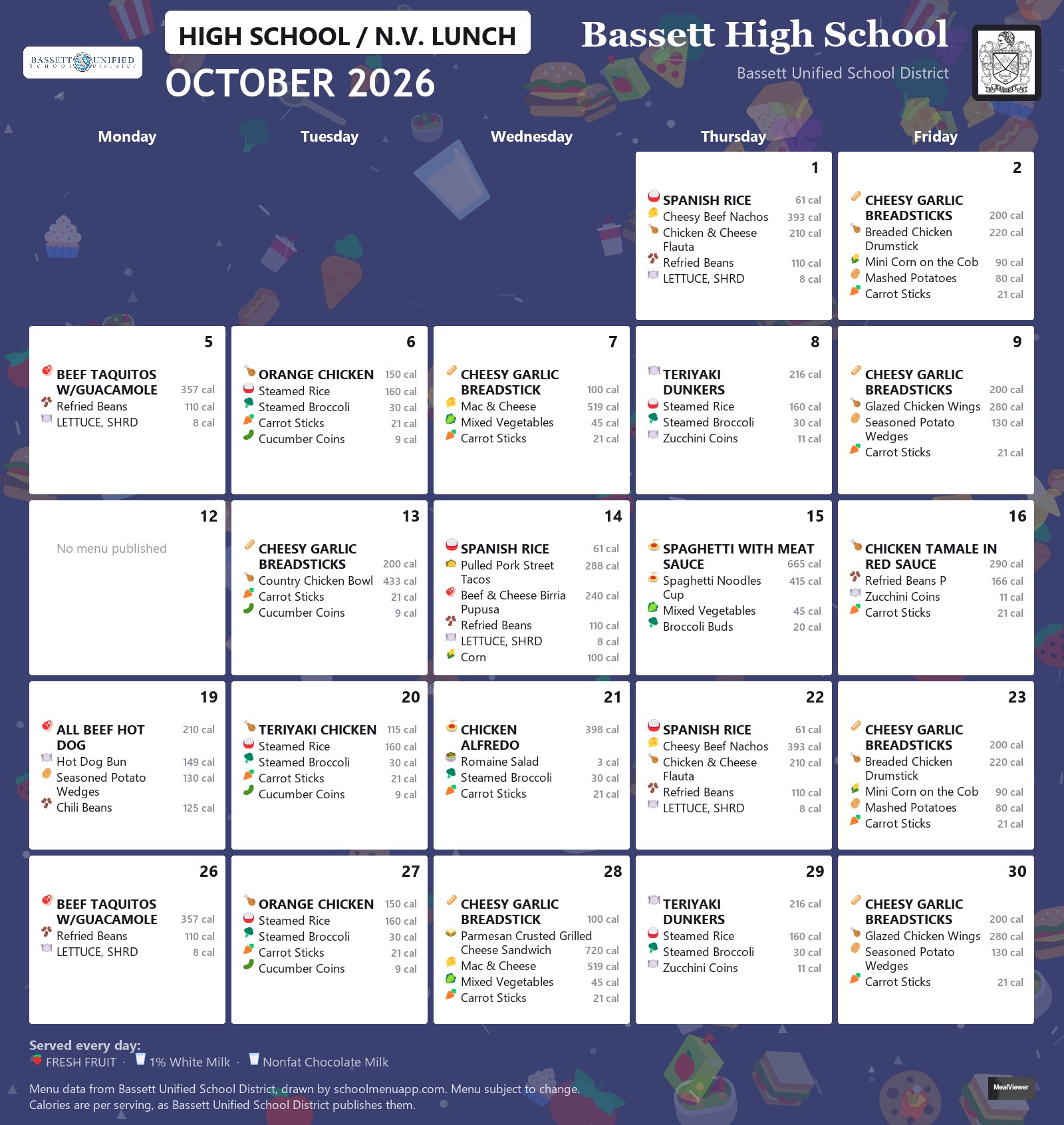 Bassett High School lunch menu for October 2026, Bassett USD