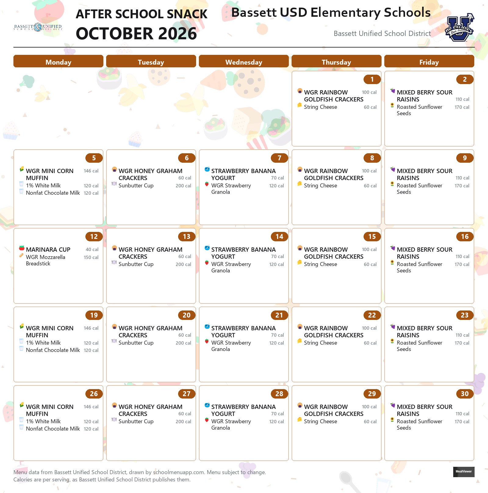 Bassett USD Elementary Schools after school snack menu for October 2026, Bassett USD