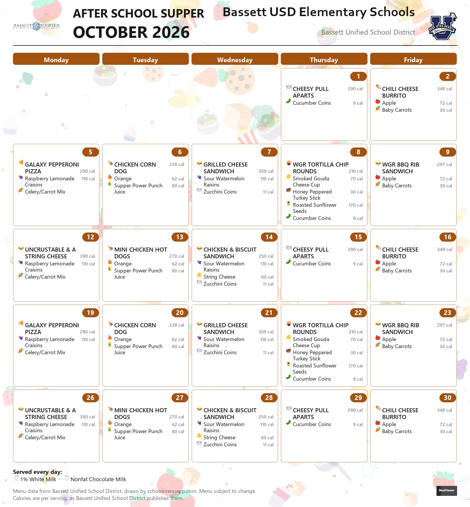 Bassett USD Elementary Schools after school supper menu for October 2026, Bassett USD