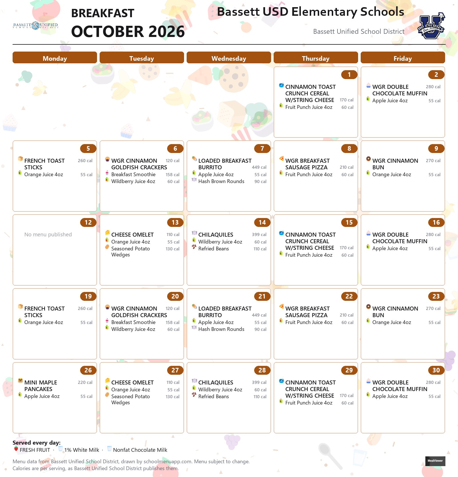Bassett USD Elementary Schools breakfast menu for October 2026, Bassett USD