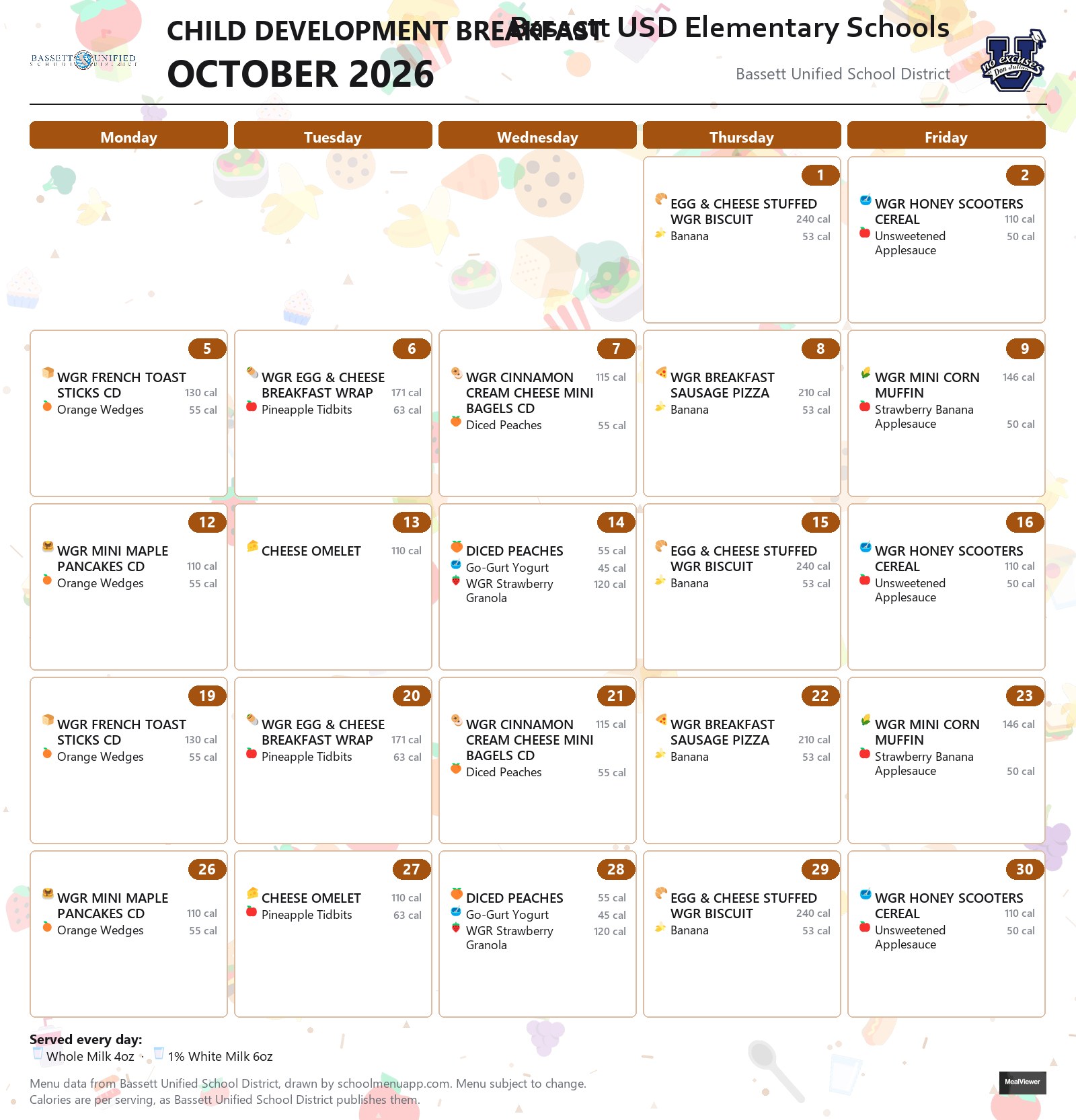 Bassett USD Elementary Schools child development breakfast menu for October 2026, Bassett USD