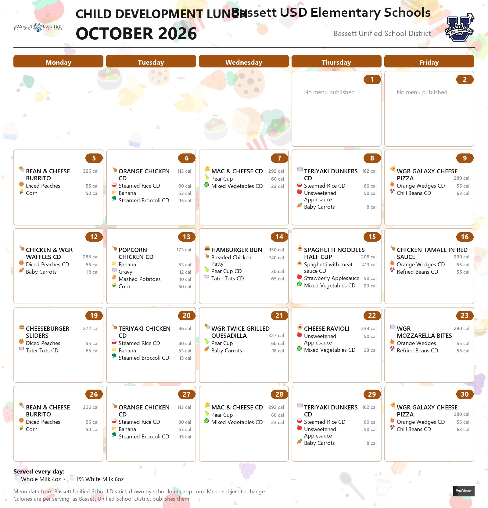 Bassett USD Elementary Schools child development lunch menu for October 2026, Bassett USD