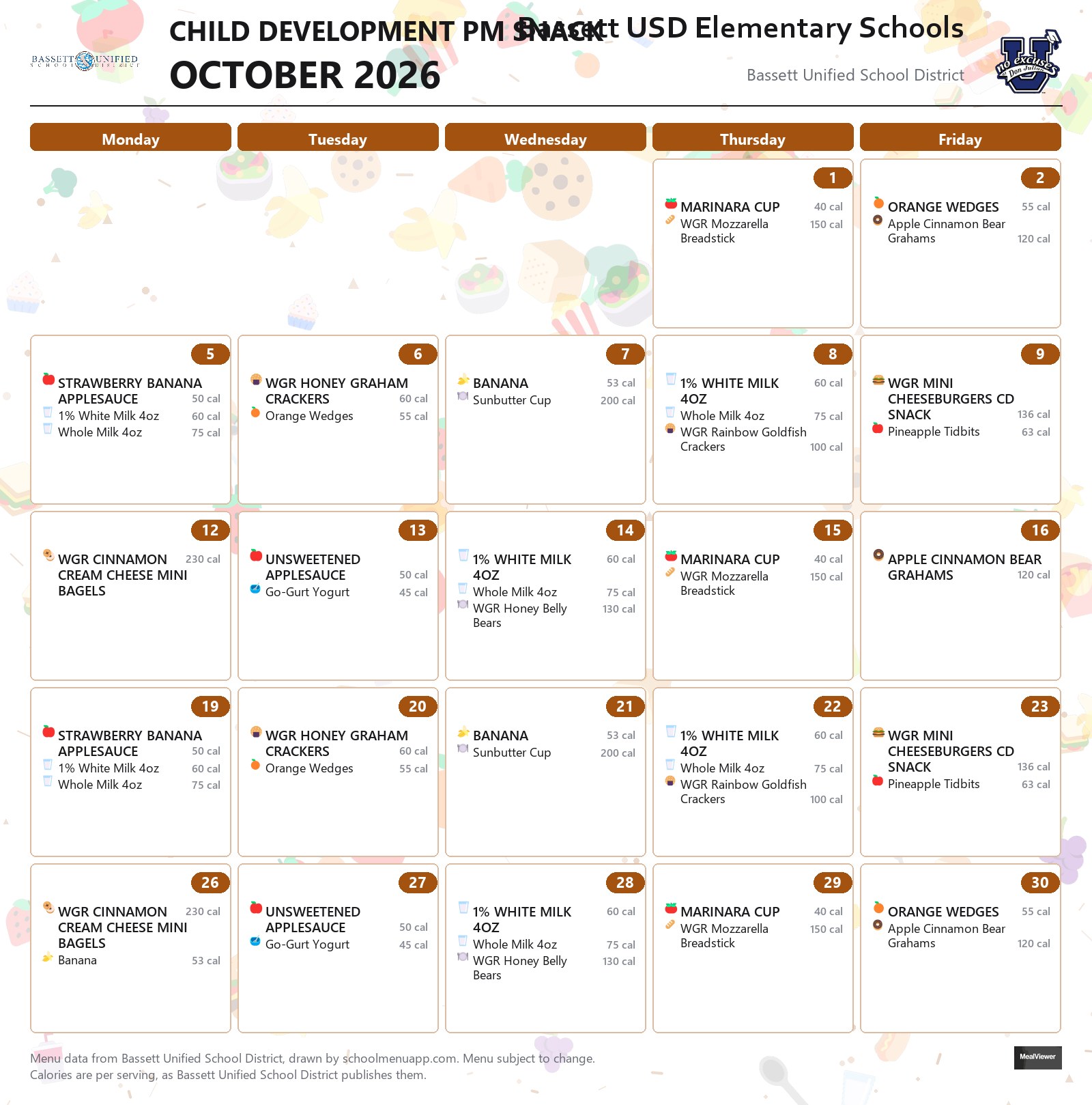 Bassett USD Elementary Schools child development pm snack menu for October 2026, Bassett USD