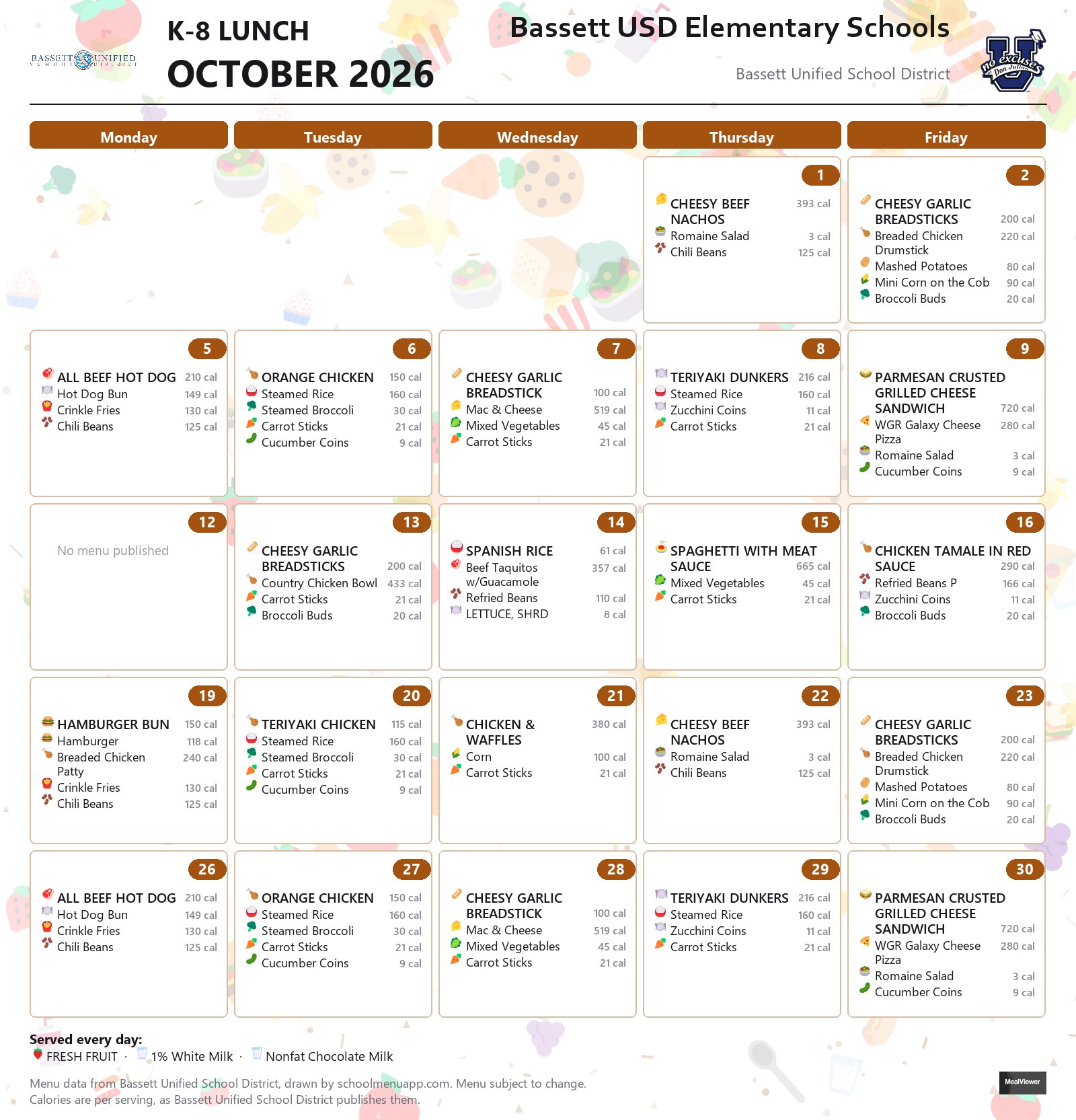 Bassett USD Elementary Schools k-8 lunch menu for October 2026, Bassett USD