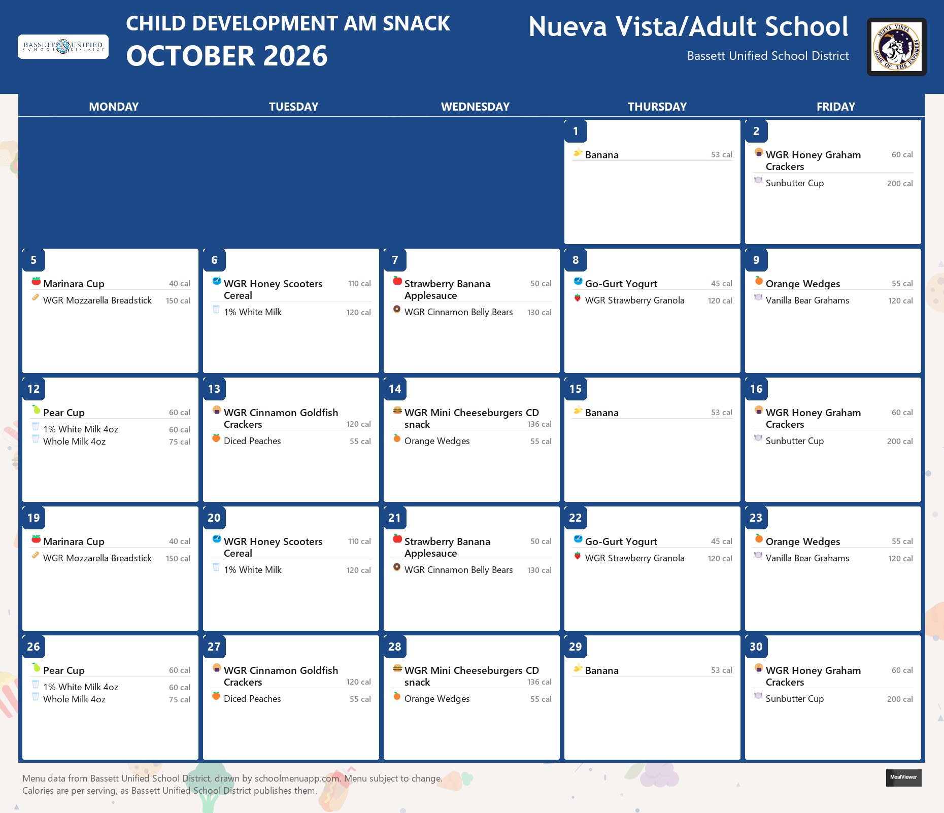 Nueva Vista/Adult School child development am snack menu for October 2026, Bassett USD