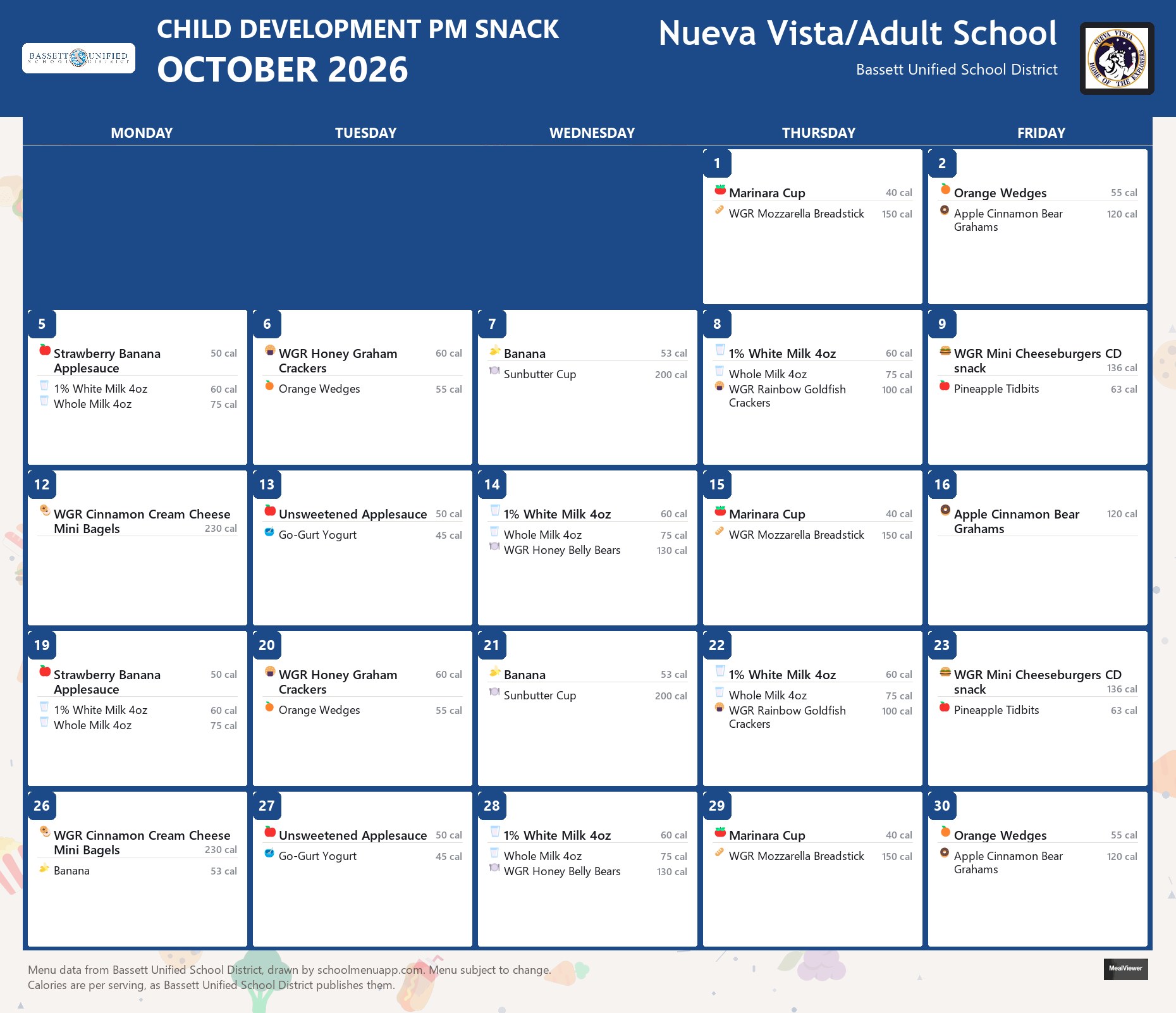 Nueva Vista/Adult School child development pm snack menu for October 2026, Bassett USD