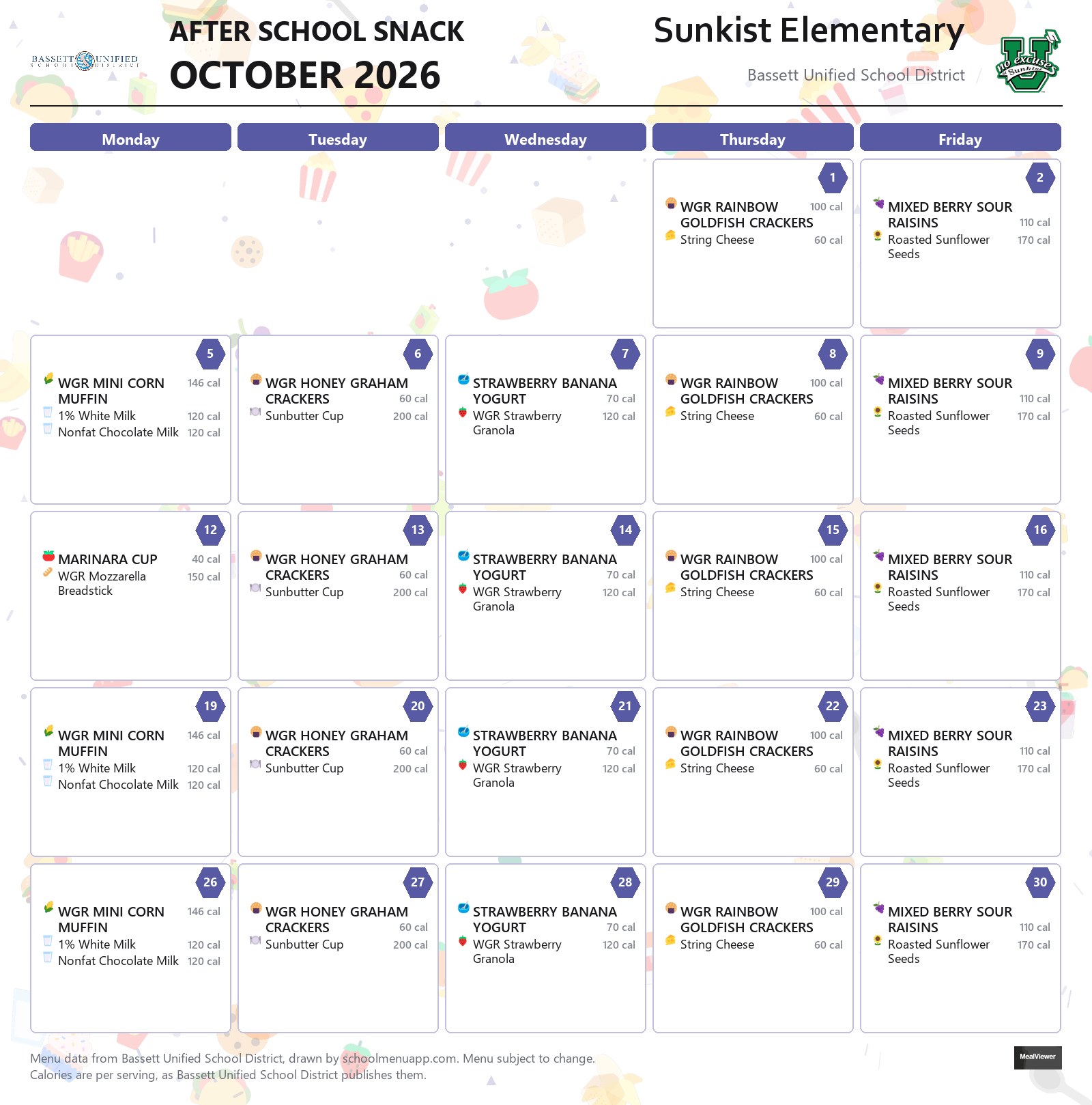 Sunkist Elementary after school snack menu for October 2026, Bassett USD
