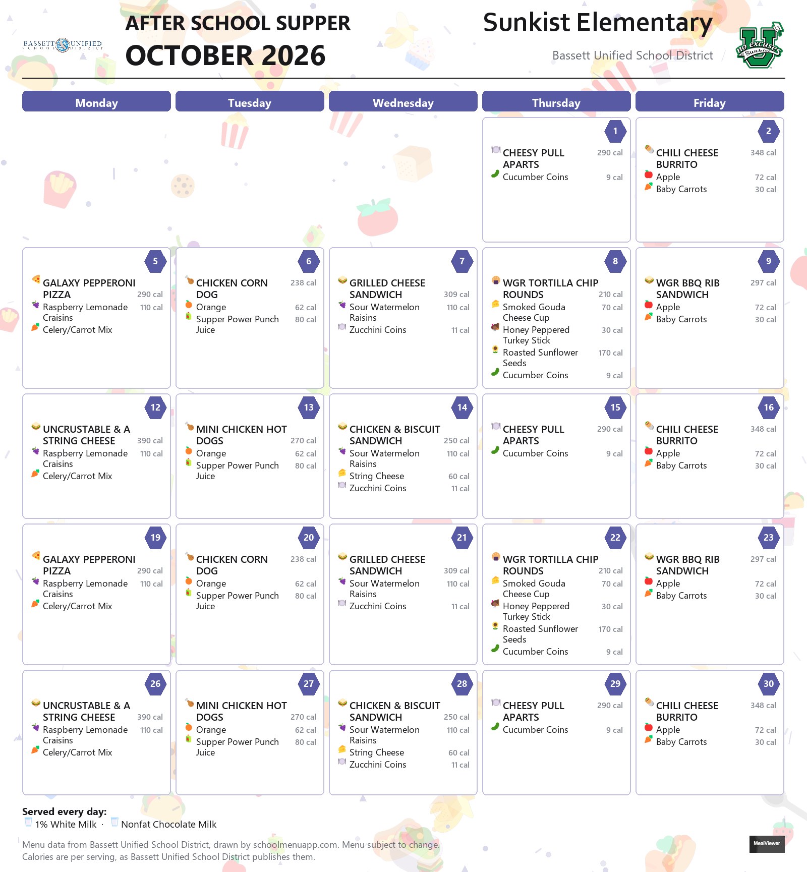 Sunkist Elementary after school supper menu for October 2026, Bassett USD