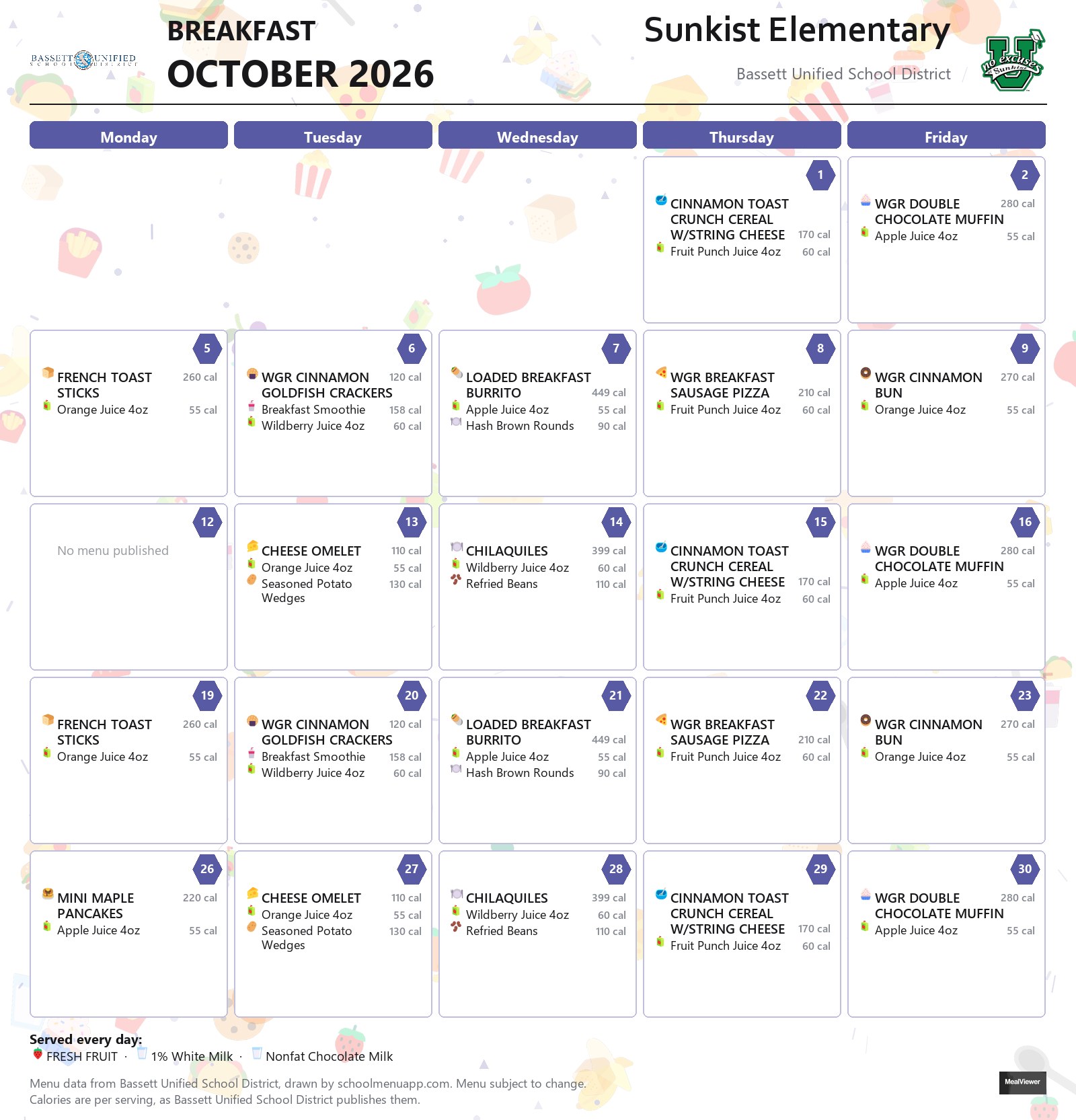 Sunkist Elementary breakfast menu for October 2026, Bassett USD