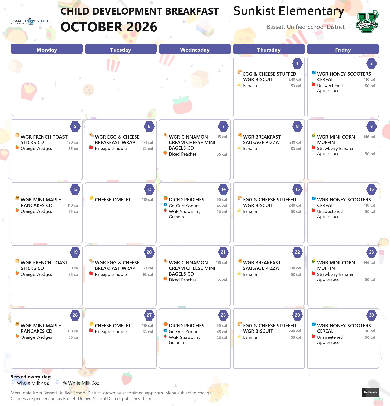 Sunkist Elementary child development breakfast menu for October 2026, Bassett USD