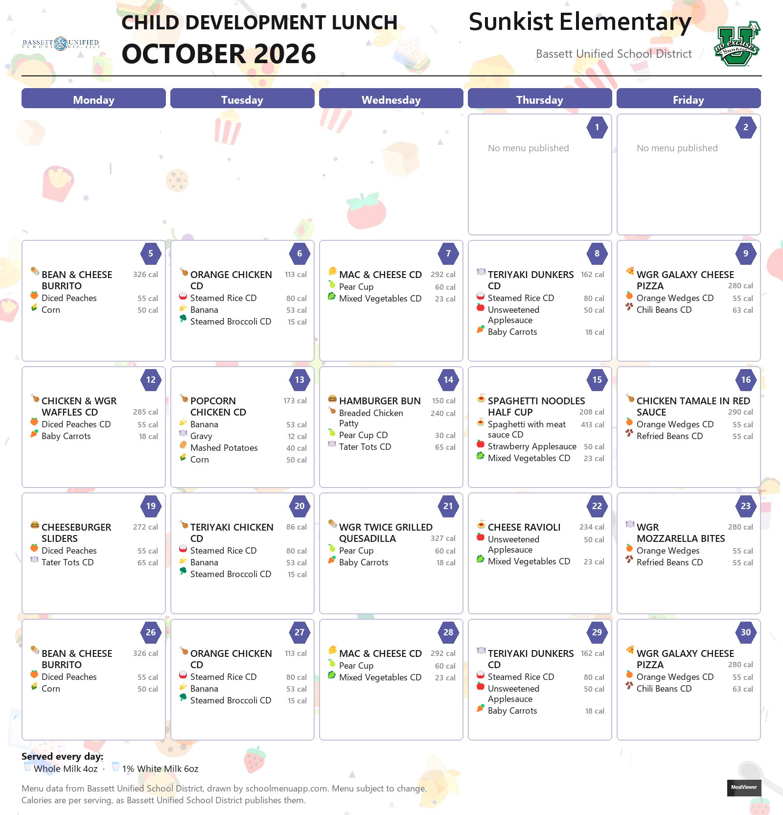 Sunkist Elementary child development lunch menu for October 2026, Bassett USD