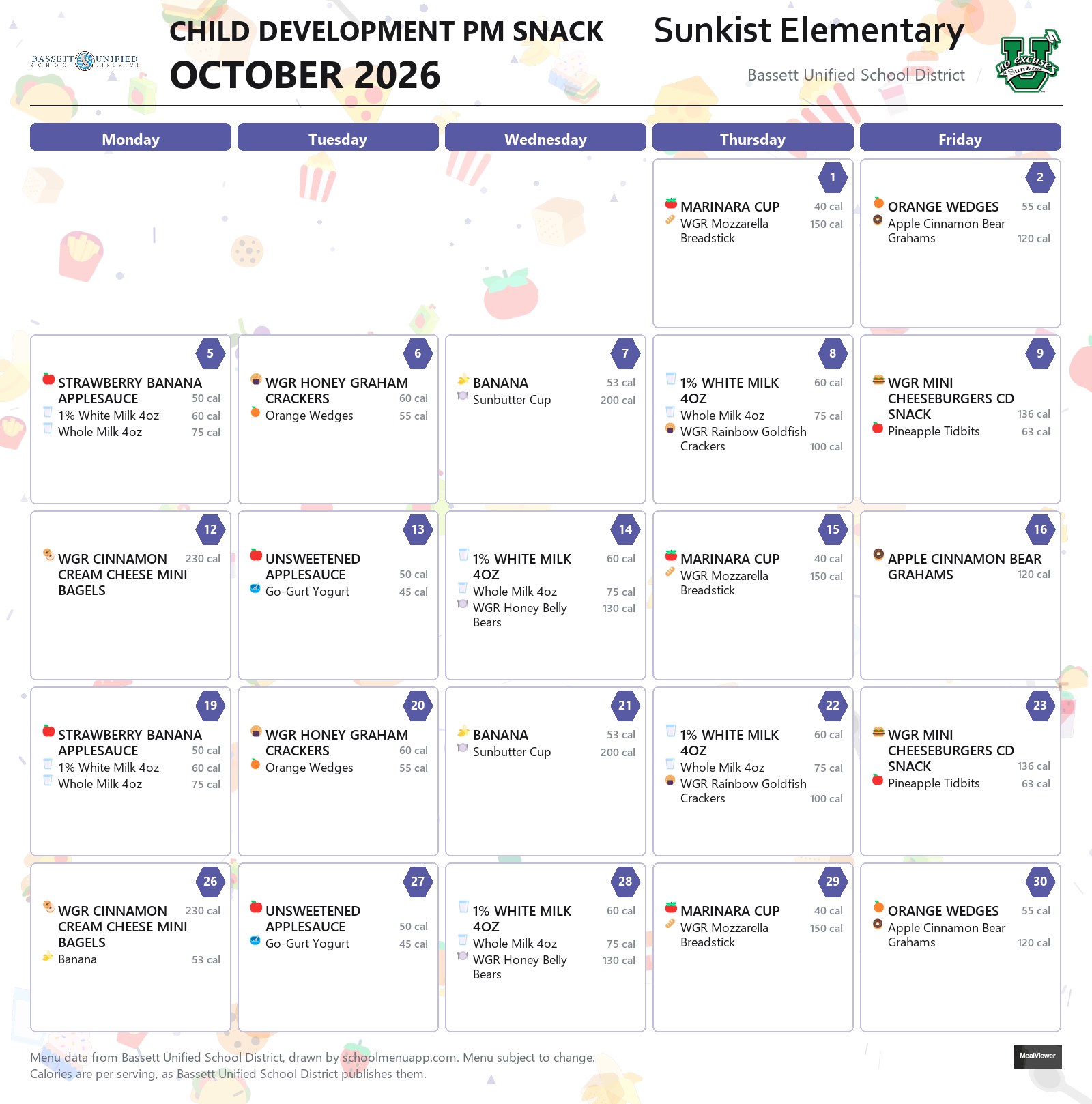 Sunkist Elementary child development pm snack menu for October 2026, Bassett USD