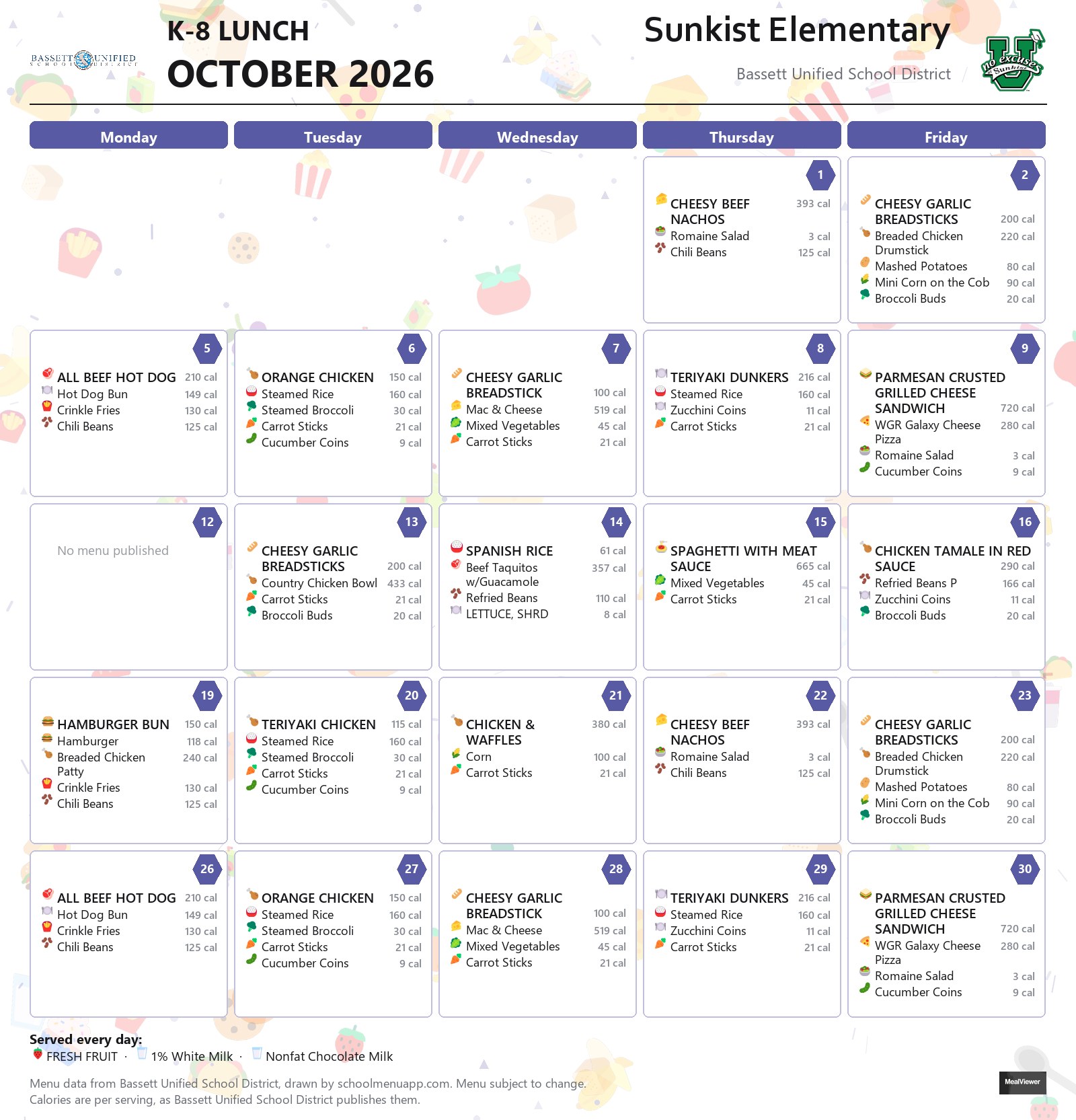 Sunkist Elementary k-8 lunch menu for October 2026, Bassett USD