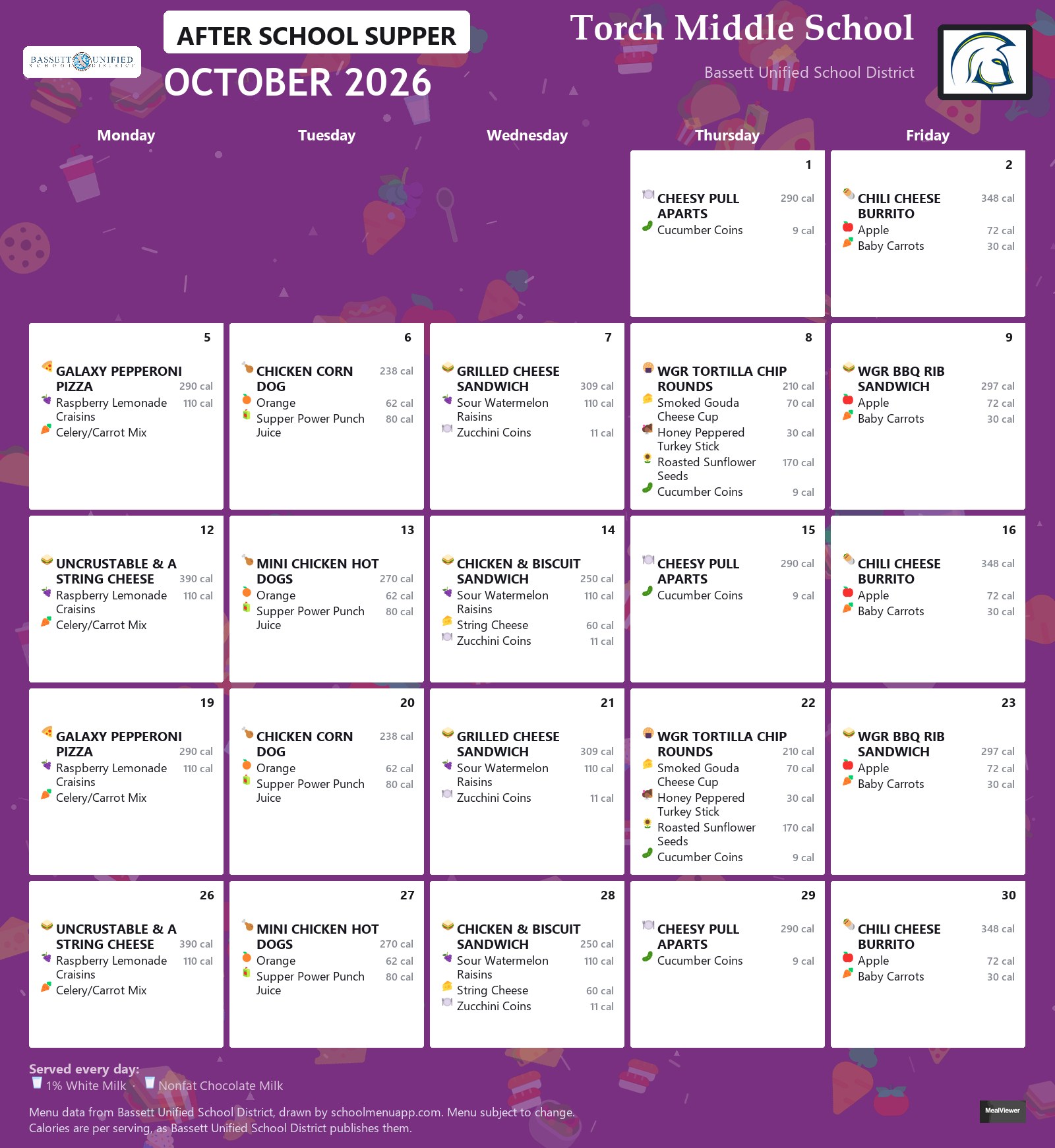 Torch Middle School after school supper menu for October 2026, Bassett USD