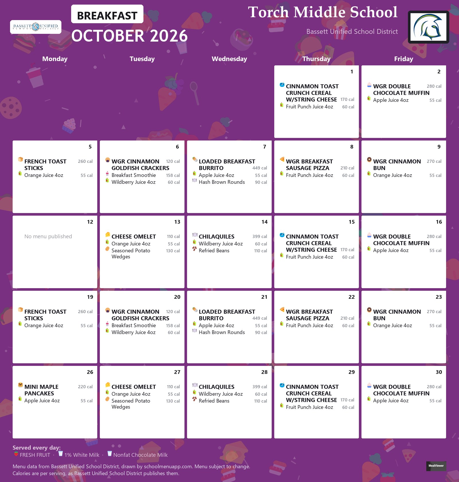 Torch Middle School breakfast menu for October 2026, Bassett USD