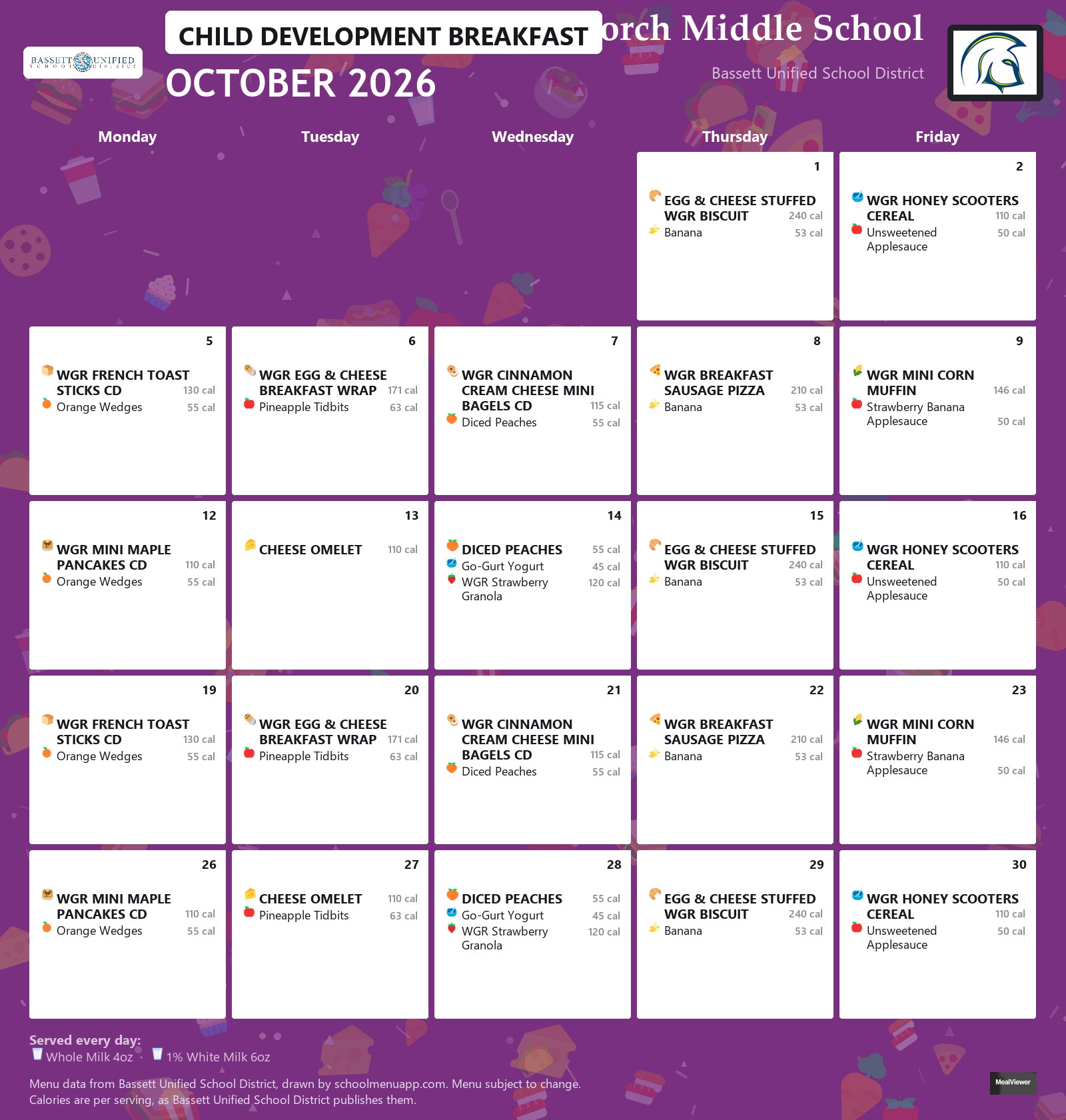 Torch Middle School child development breakfast menu for October 2026, Bassett USD