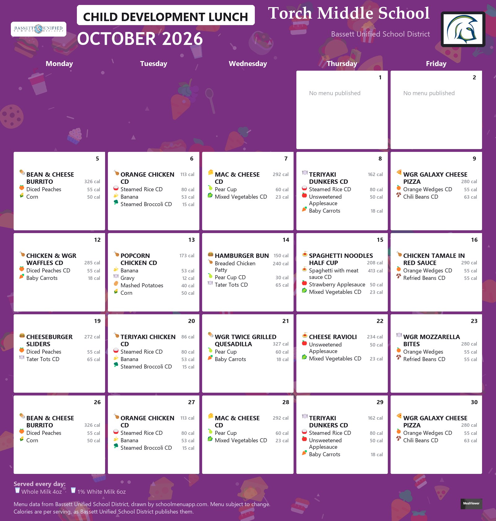 Torch Middle School child development lunch menu for October 2026, Bassett USD