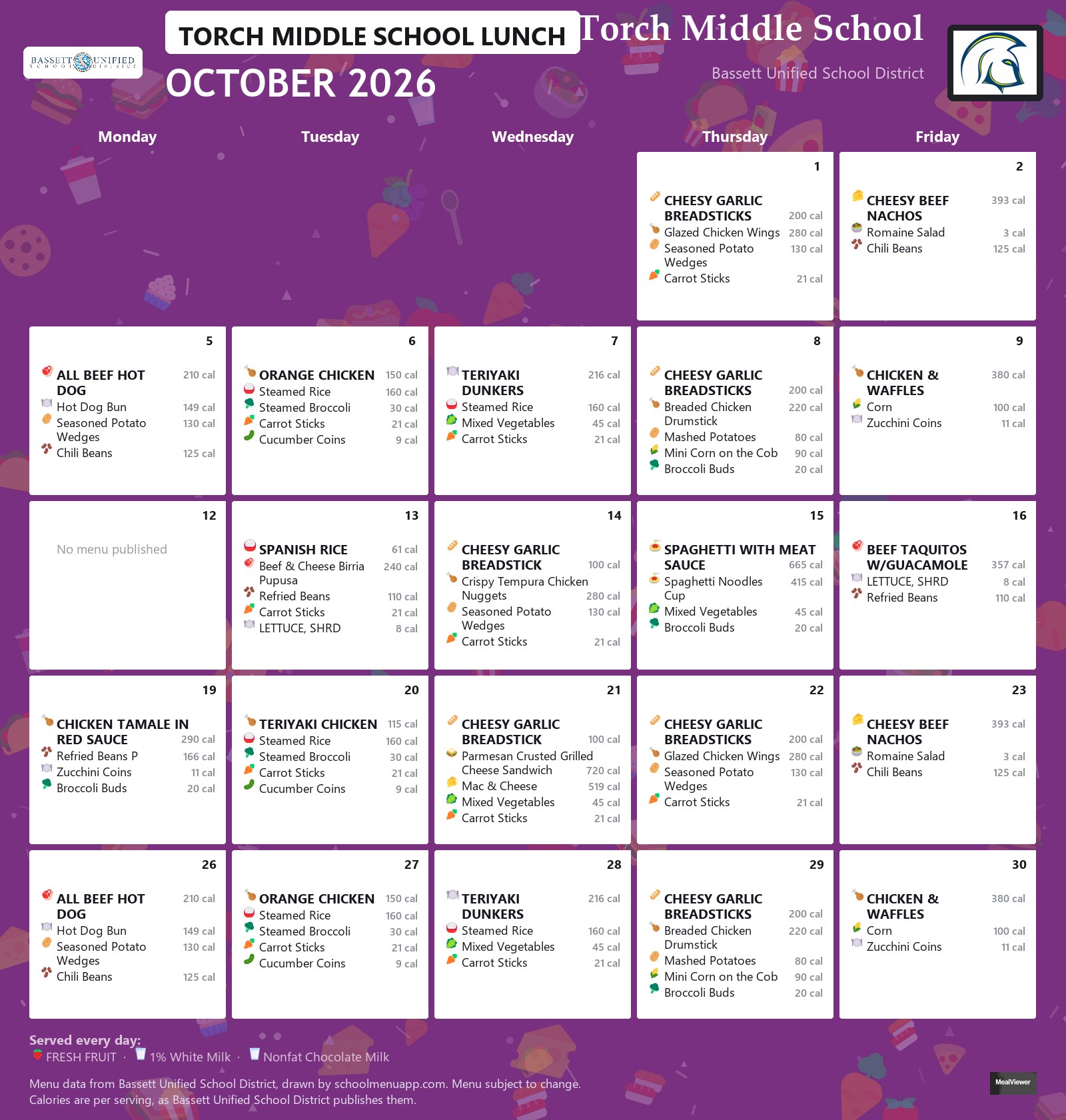 Torch Middle School lunch menu for October 2026, Bassett USD