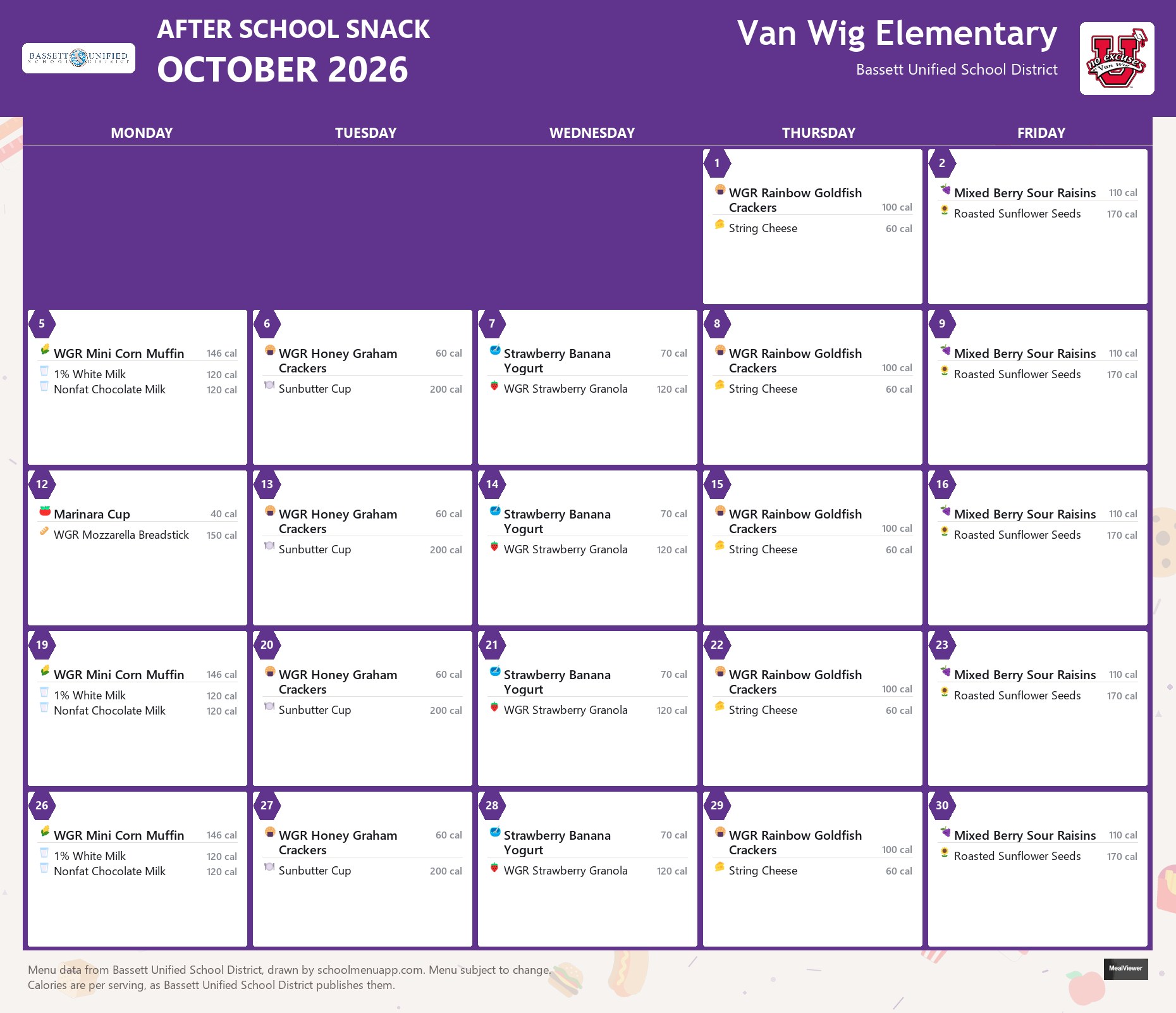 Van Wig Elementary after school snack menu for October 2026, Bassett USD
