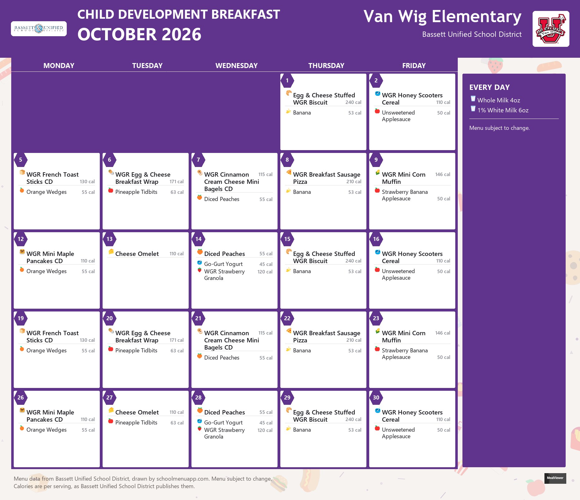Van Wig Elementary child development breakfast menu for October 2026, Bassett USD